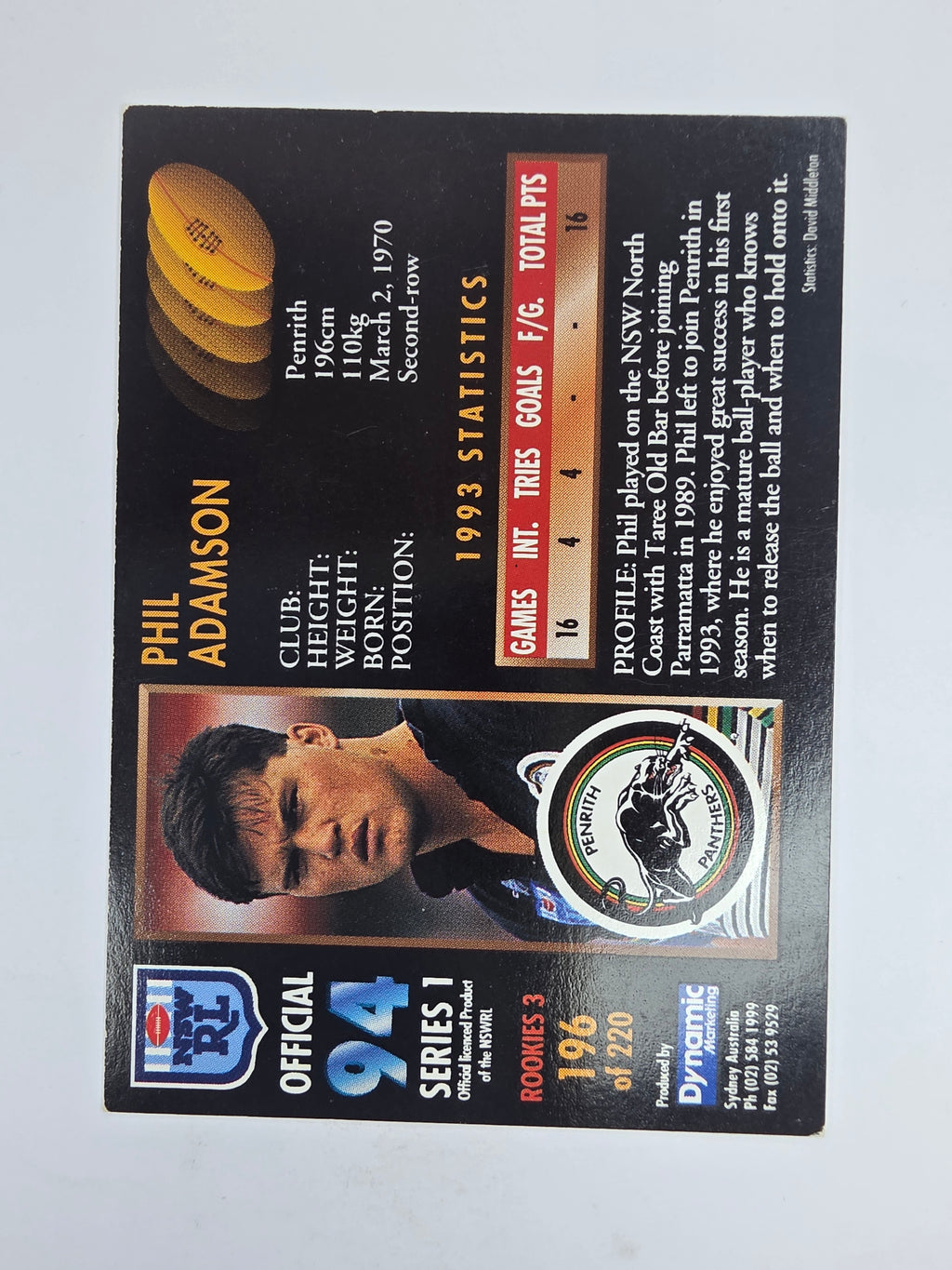 1994 Dynamic Series 1 Base Card #196 Phil Adamson Penrith Panthers