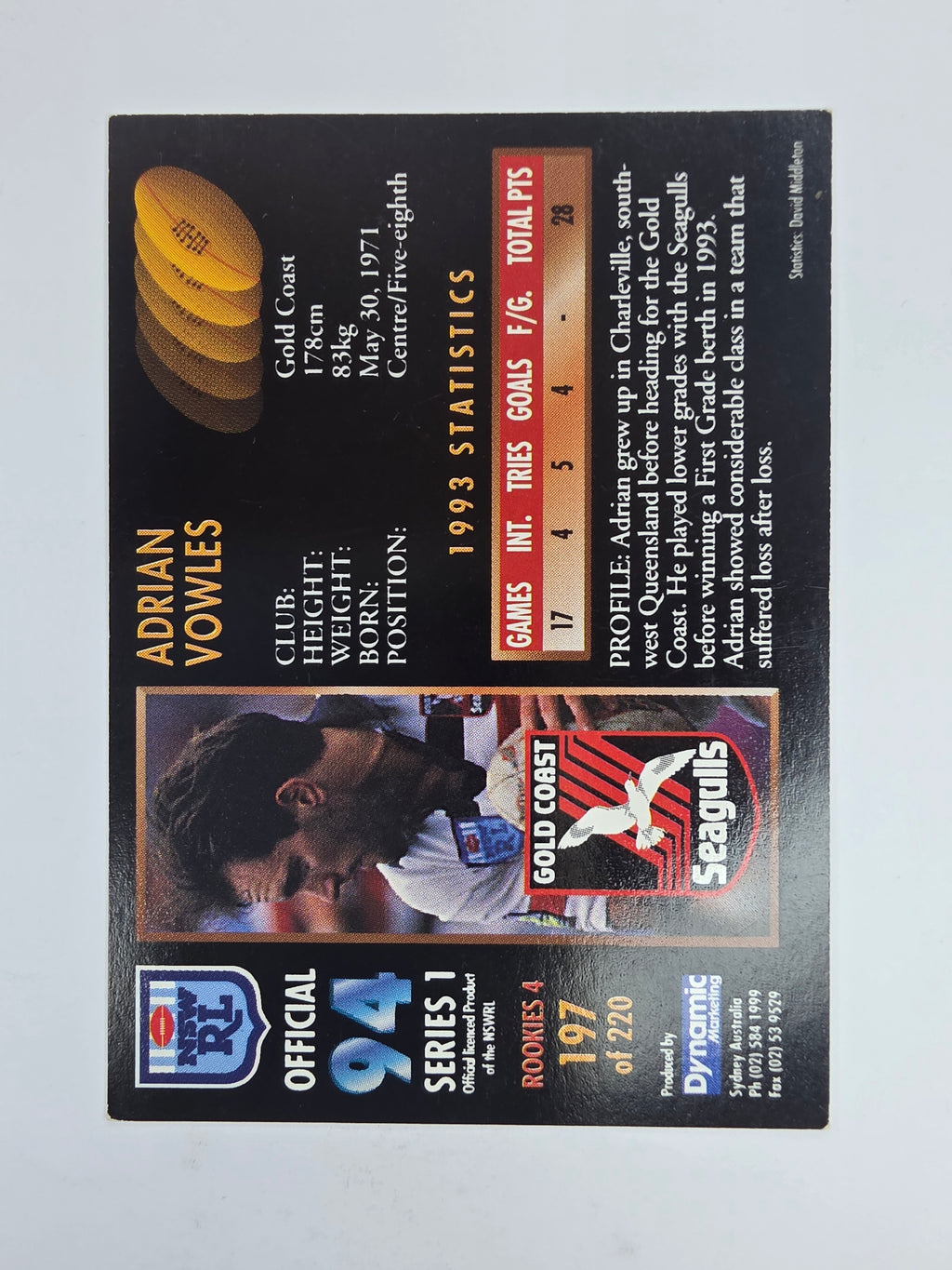 1994 Dynamic Series 1 Base Card #197 Adrian Vowles Gold Coast Seagulls
