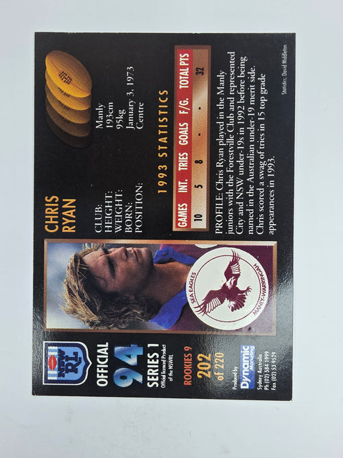 1994 Dynamic Series 1 Base Card #202 Chris Ryan Manly Warringah Sea Eagles