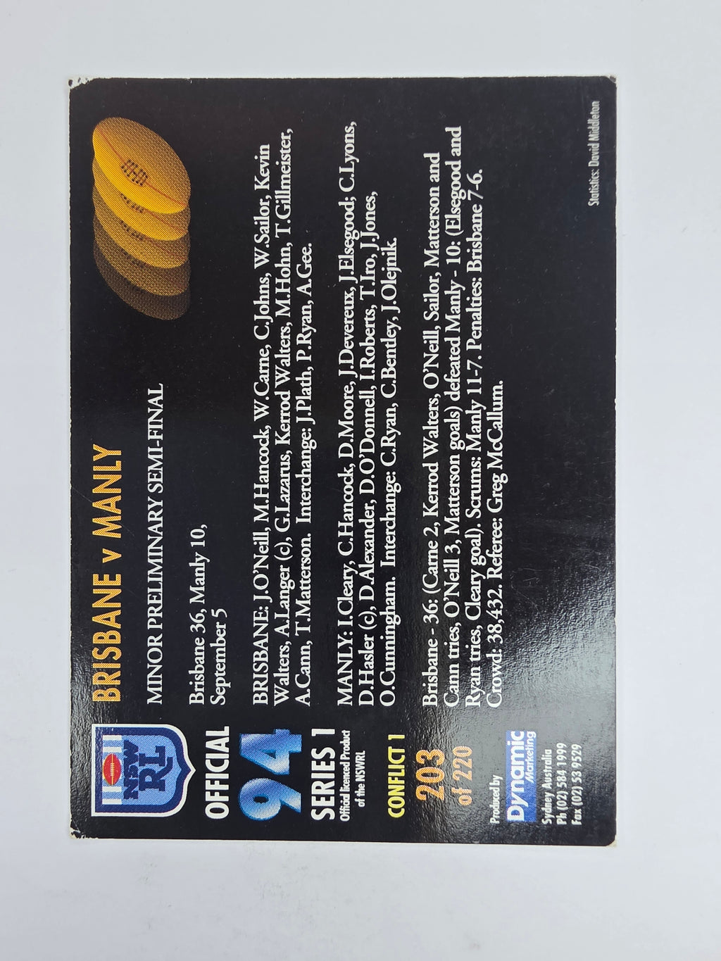 1994 Dynamic Series 1 Base Card #203 Brisbane V Manly