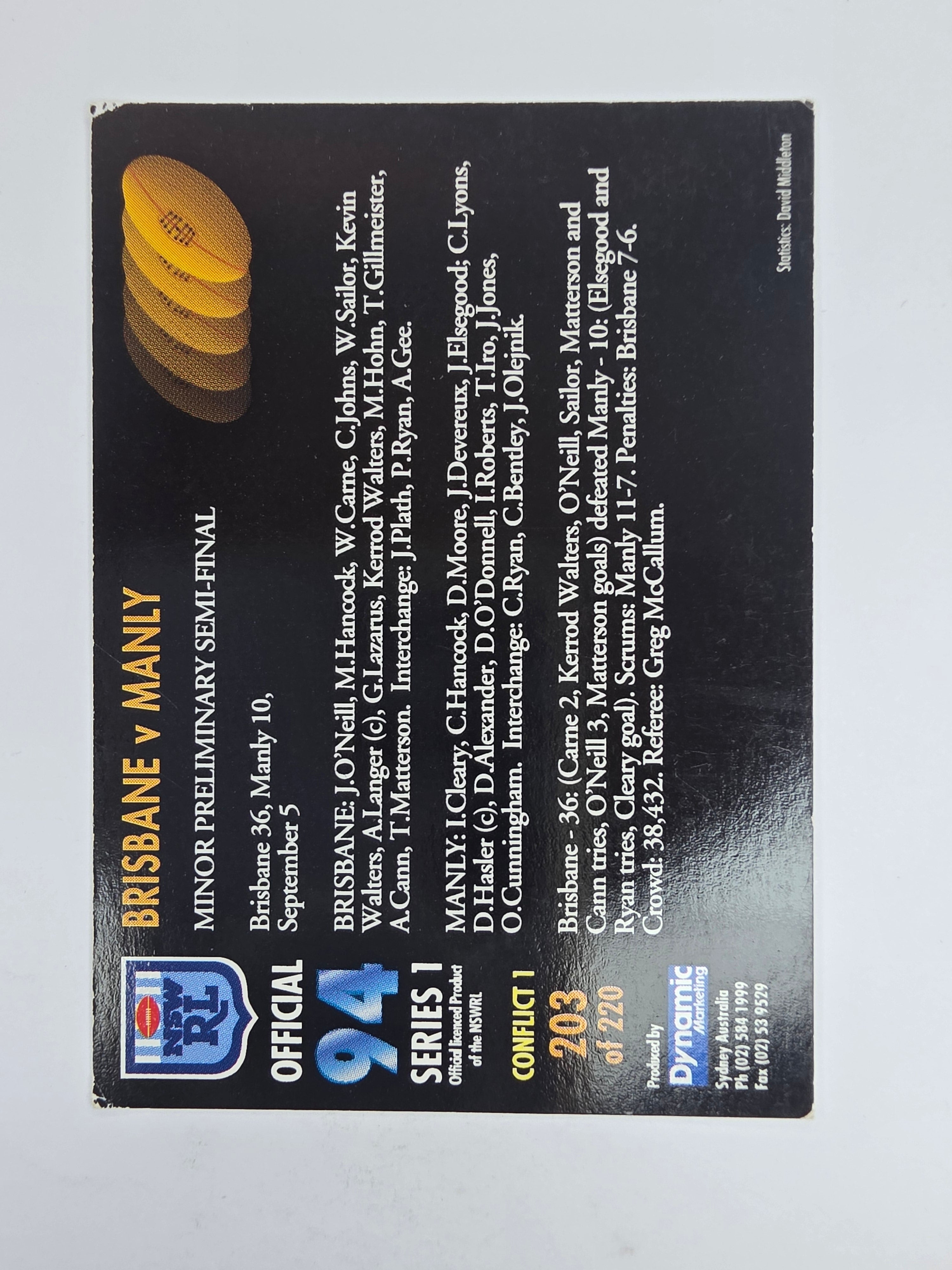 1994 Dynamic Series 1 Base Card #203 Brisbane V Manly