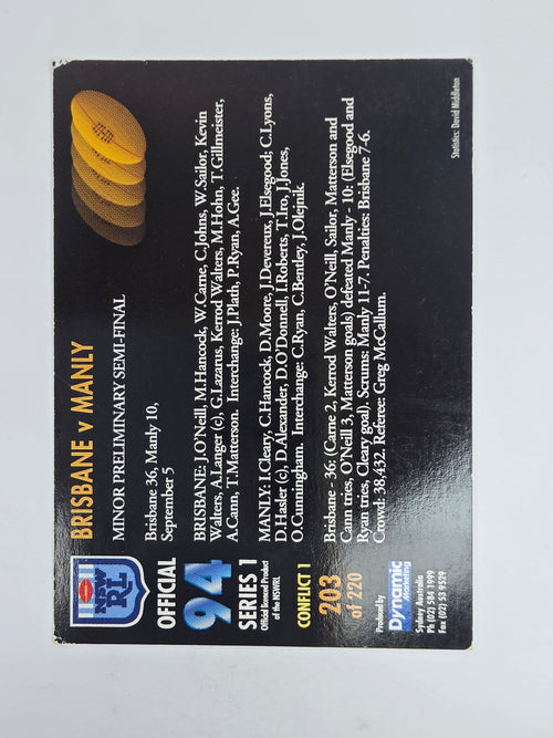 1994 Dynamic Series 1 Base Card #203 Brisbane V Manly