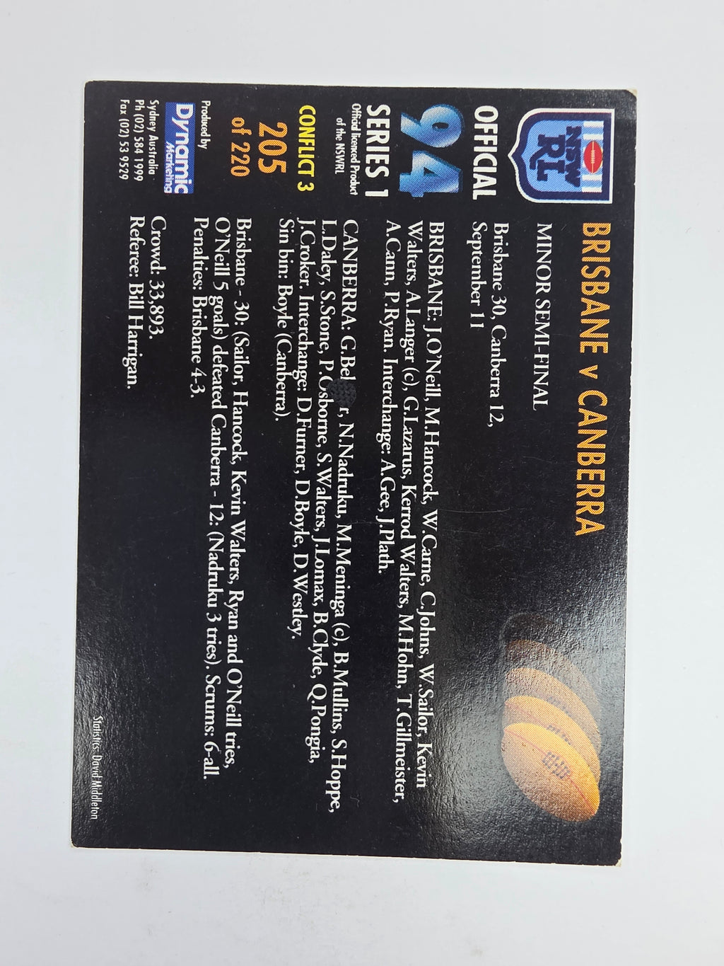 1994 Dynamic Series 1 Base Card #205 Brisbane V Canberra