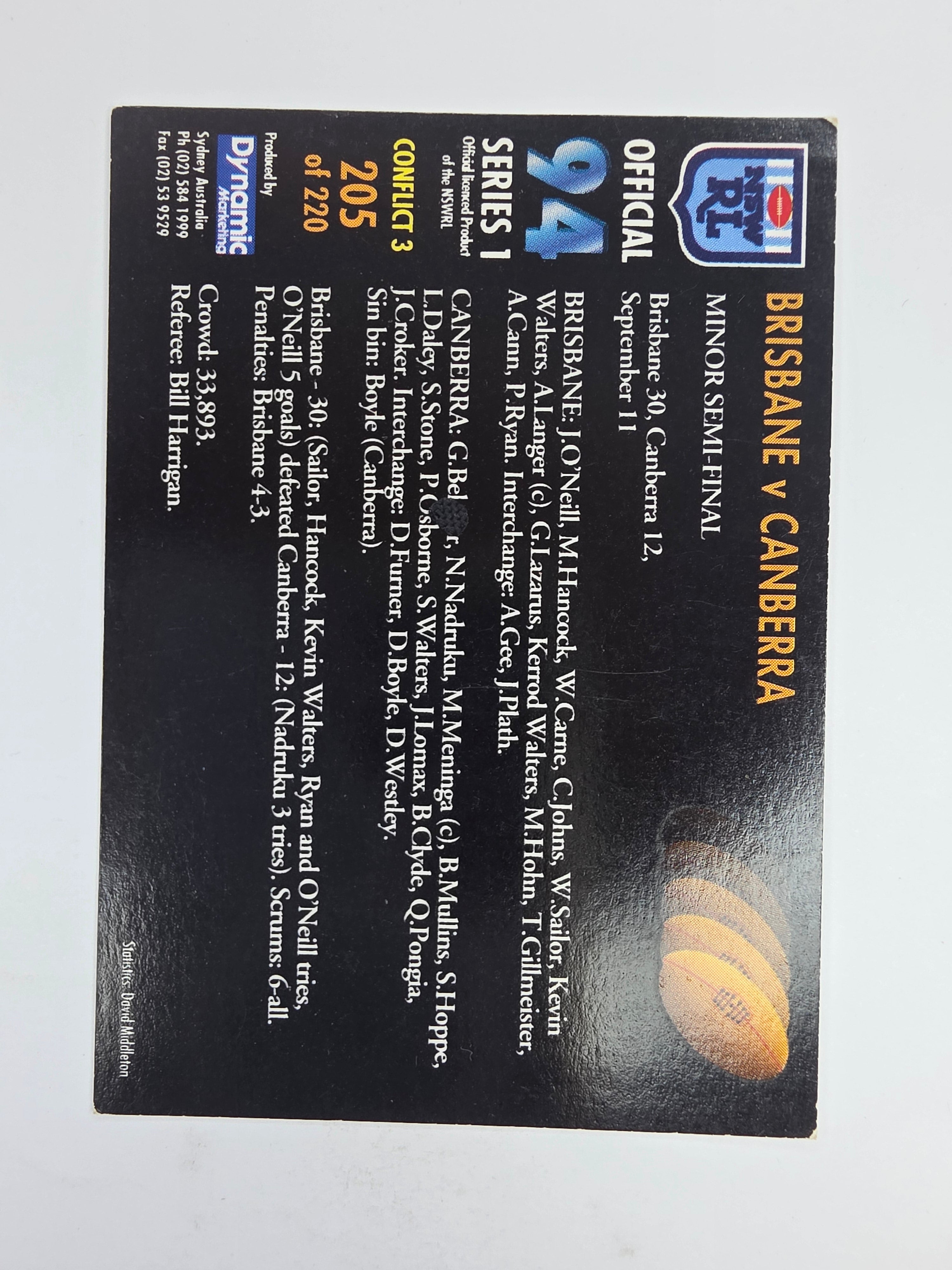 1994 Dynamic Series 1 Base Card #205 Brisbane V Canberra