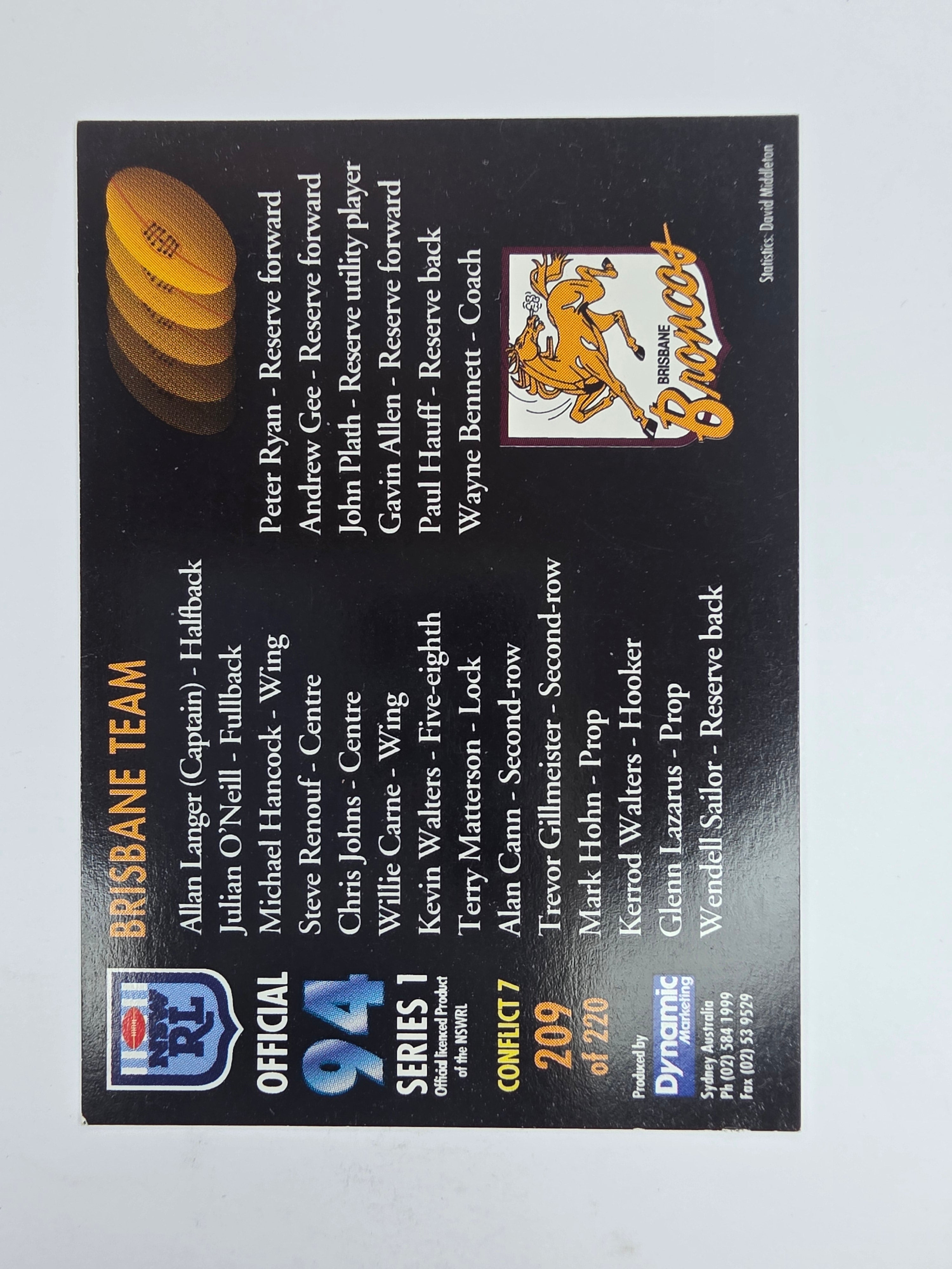 1994 Dynamic Series 1 Base Card #209 Brisbane Team Photo Brisbane Broncos
