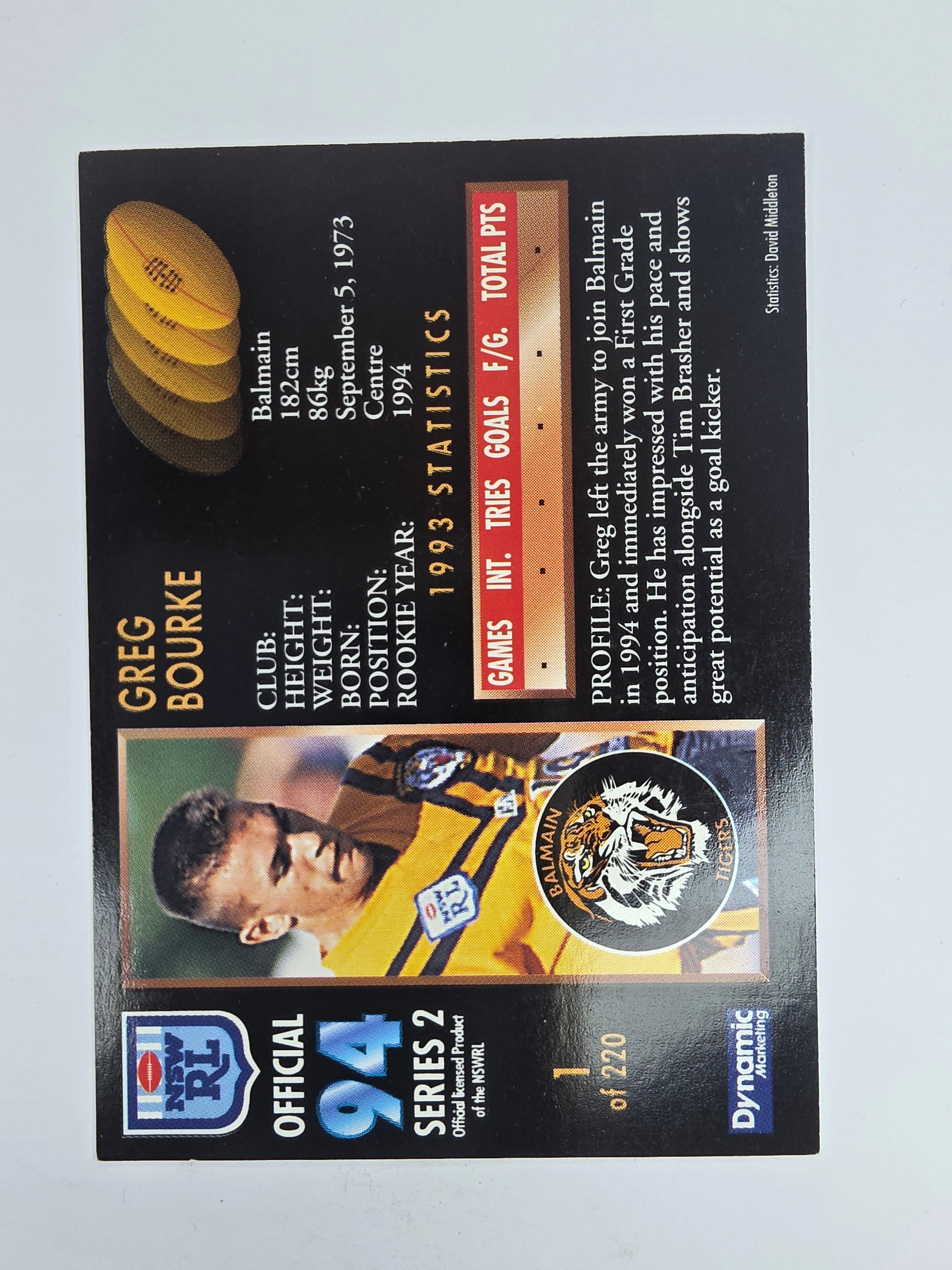 1994 Dynamic Series 2 Base Card #1 Greg Bourke Balmain Tigers