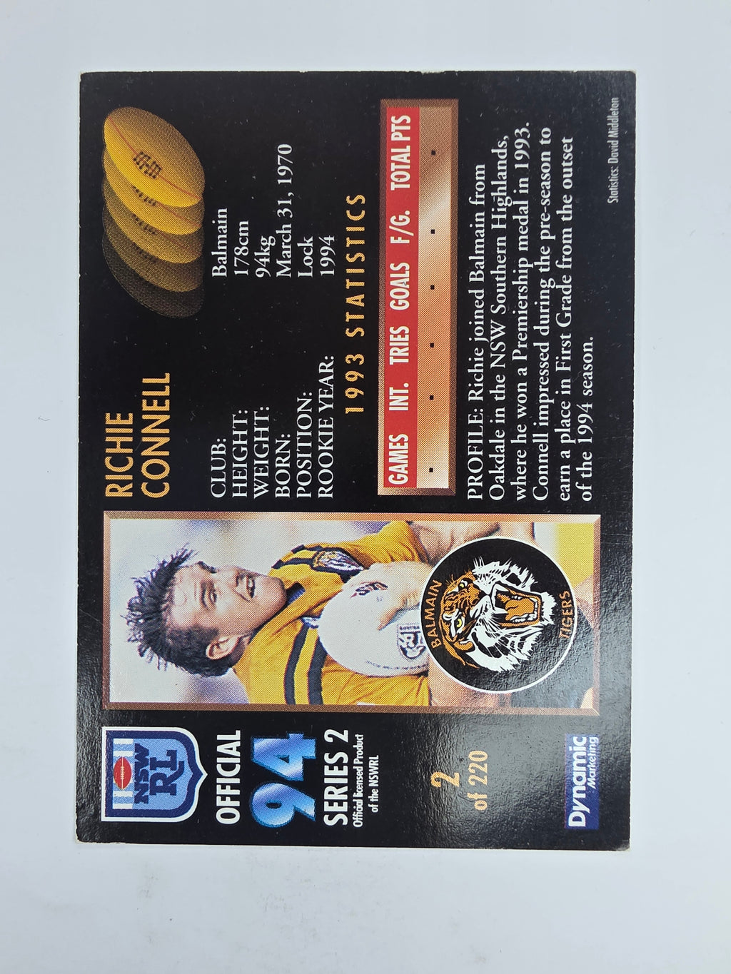 1994 Dynamic Series 2 Base Card #2 Richie Connell Balmain Tigers