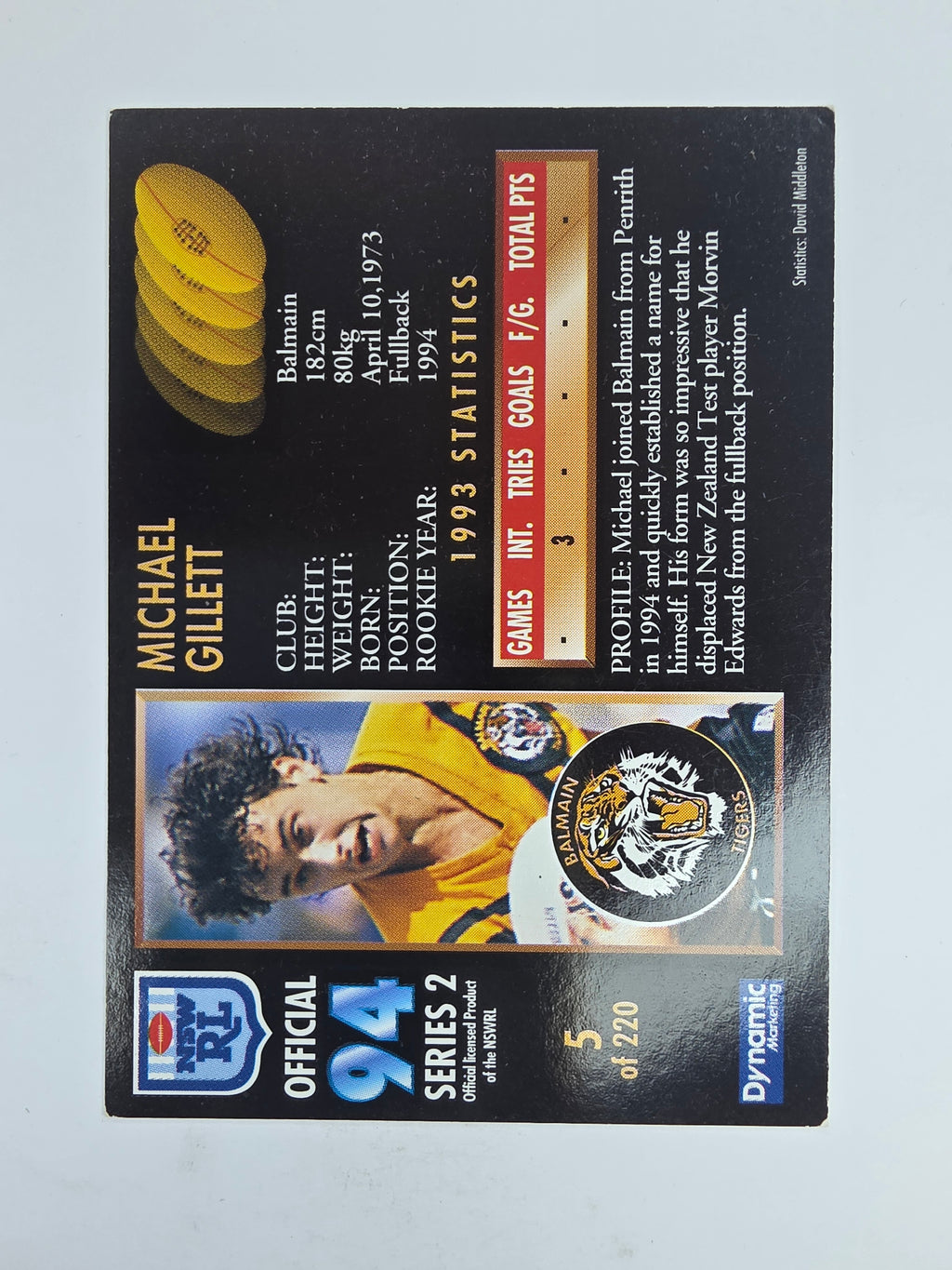1994 Dynamic Series 2 Base Card #5 Michael Gillett Balmain Tigers
