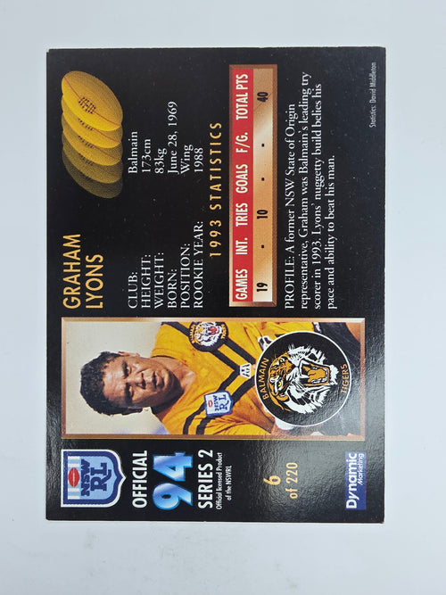 1994 Dynamic Series 2 Base Card #6 Graham Lyons Balmain Tigers