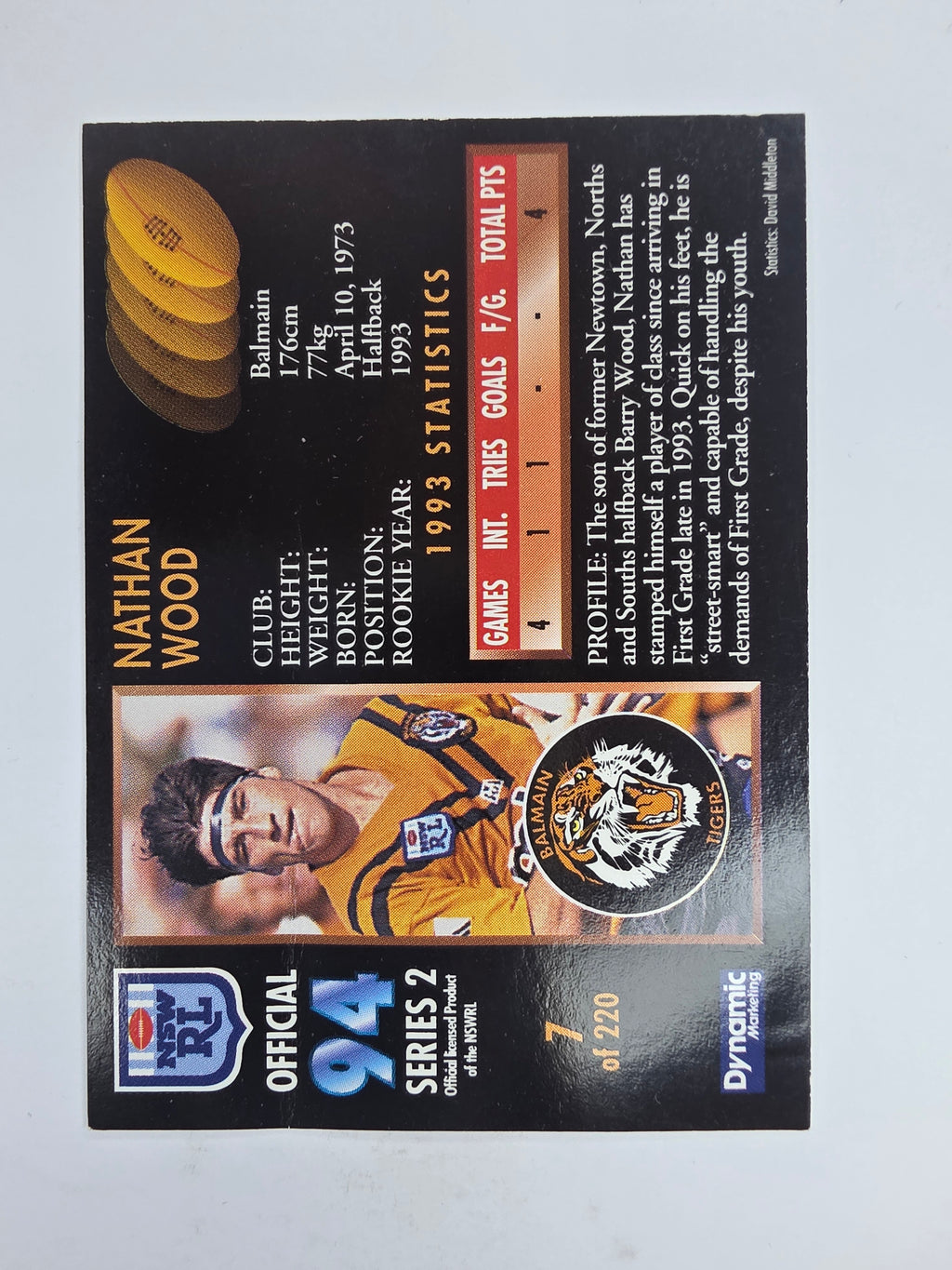 1994 Dynamic Series 2 Base Card #7 Nathan Wood Balmain Tigers