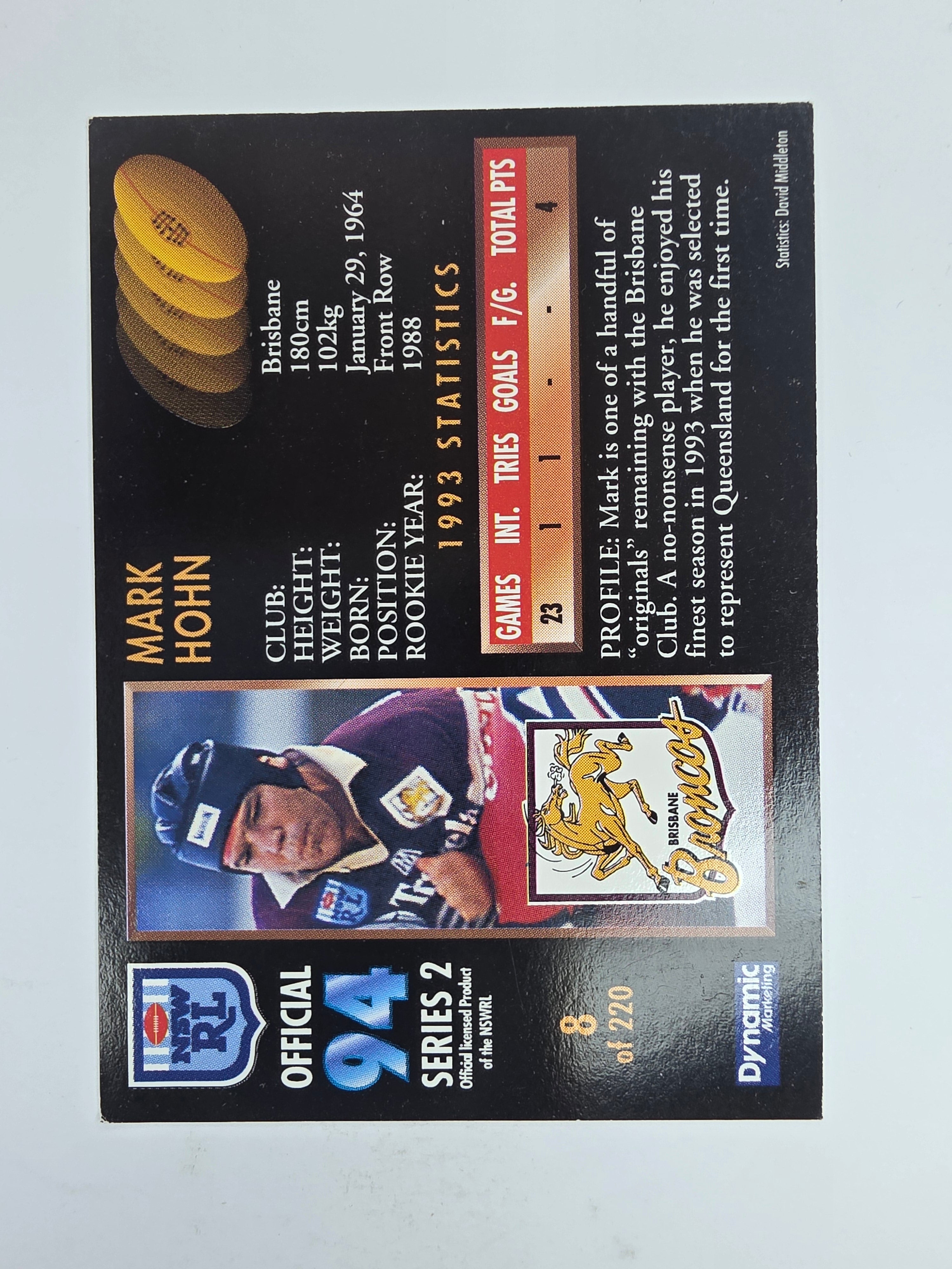 1994 Dynamic Series 2 Base Card #8 Mark Hohn Brisbane Broncos