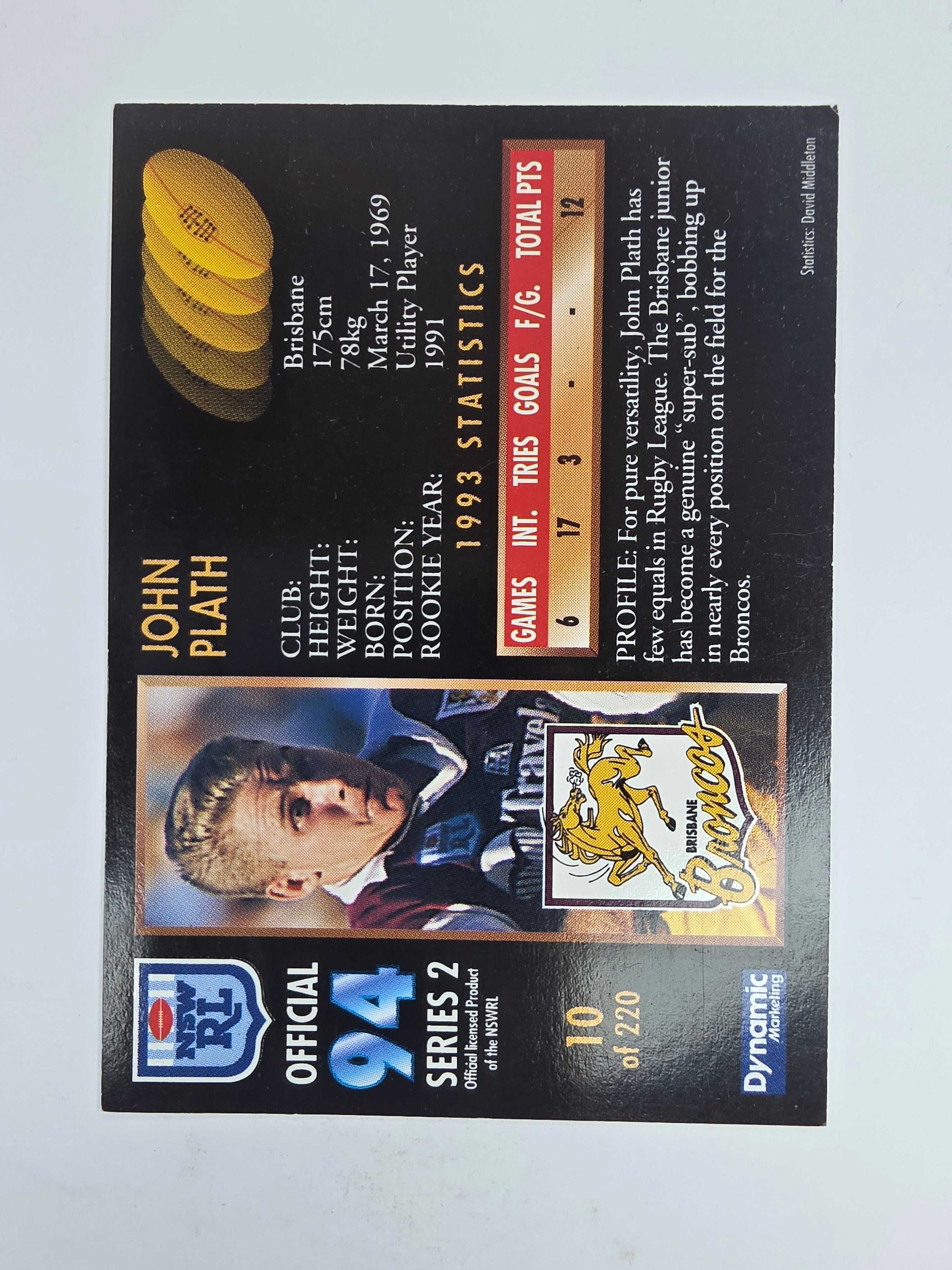 1994 Dynamic Series 2 Base Card #10 John Plath Brisbane Broncos