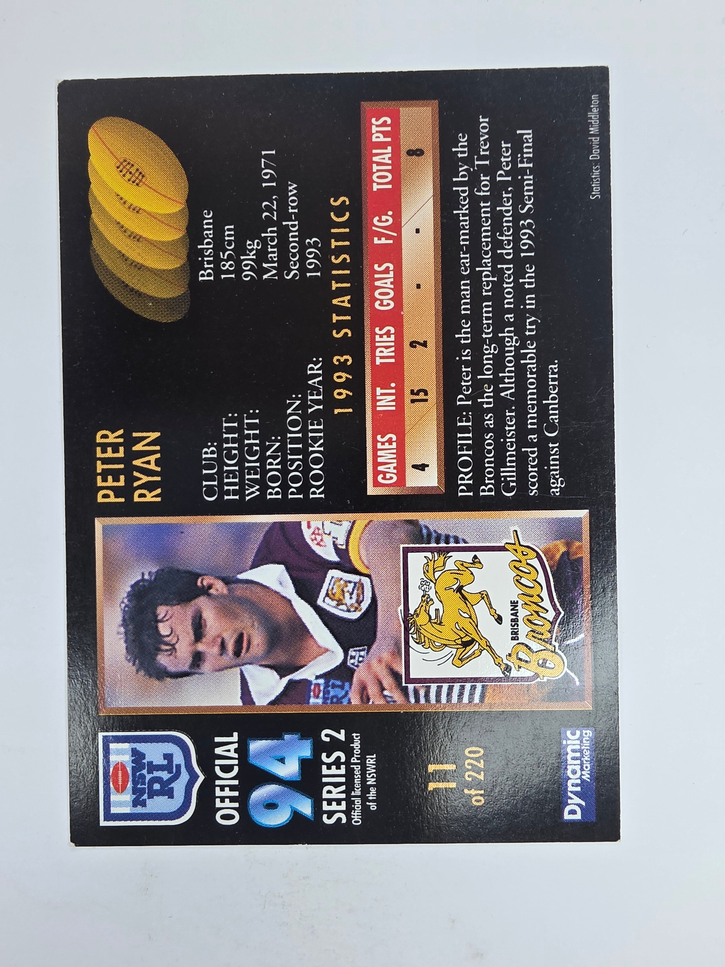 1994 Dynamic Series 2 Base Card #11 Peter Ryan Brisbane Broncos