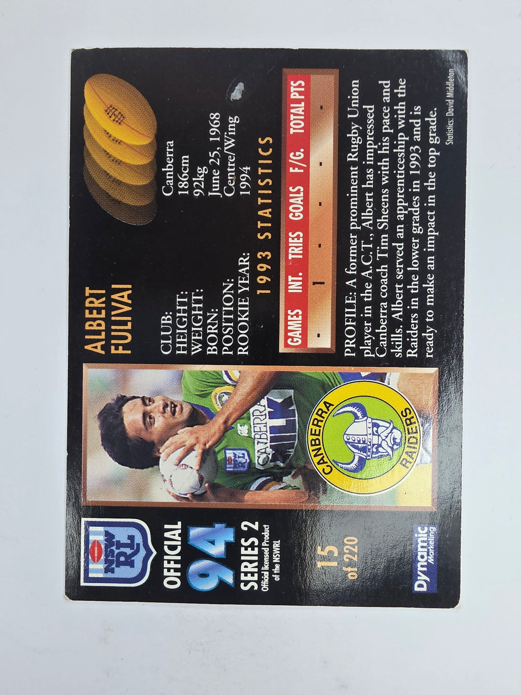 1994 Dynamic Series 2 Base Card #15 Albert Fulivai Canberra Raiders