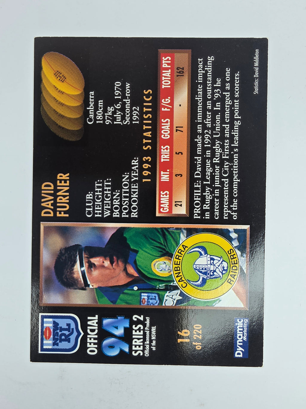 1994 Dynamic Series 2 Base Card #16 David Furner Canberra Raiders