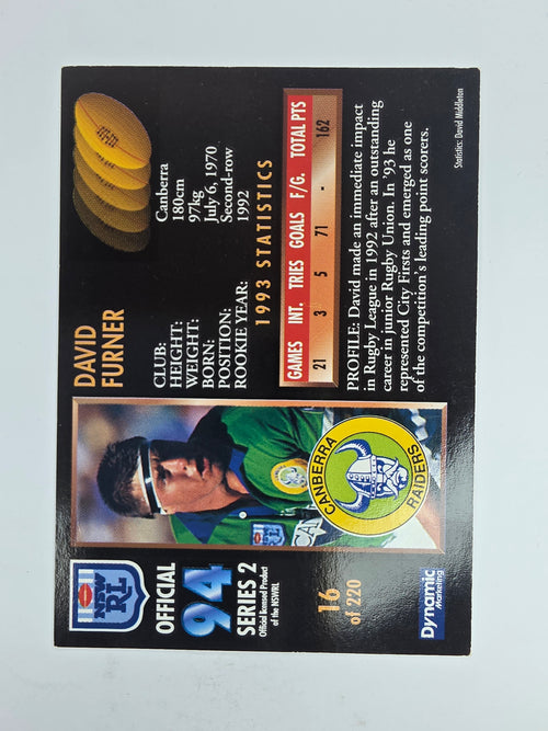 1994 Dynamic Series 2 Base Card #16 David Furner Canberra Raiders