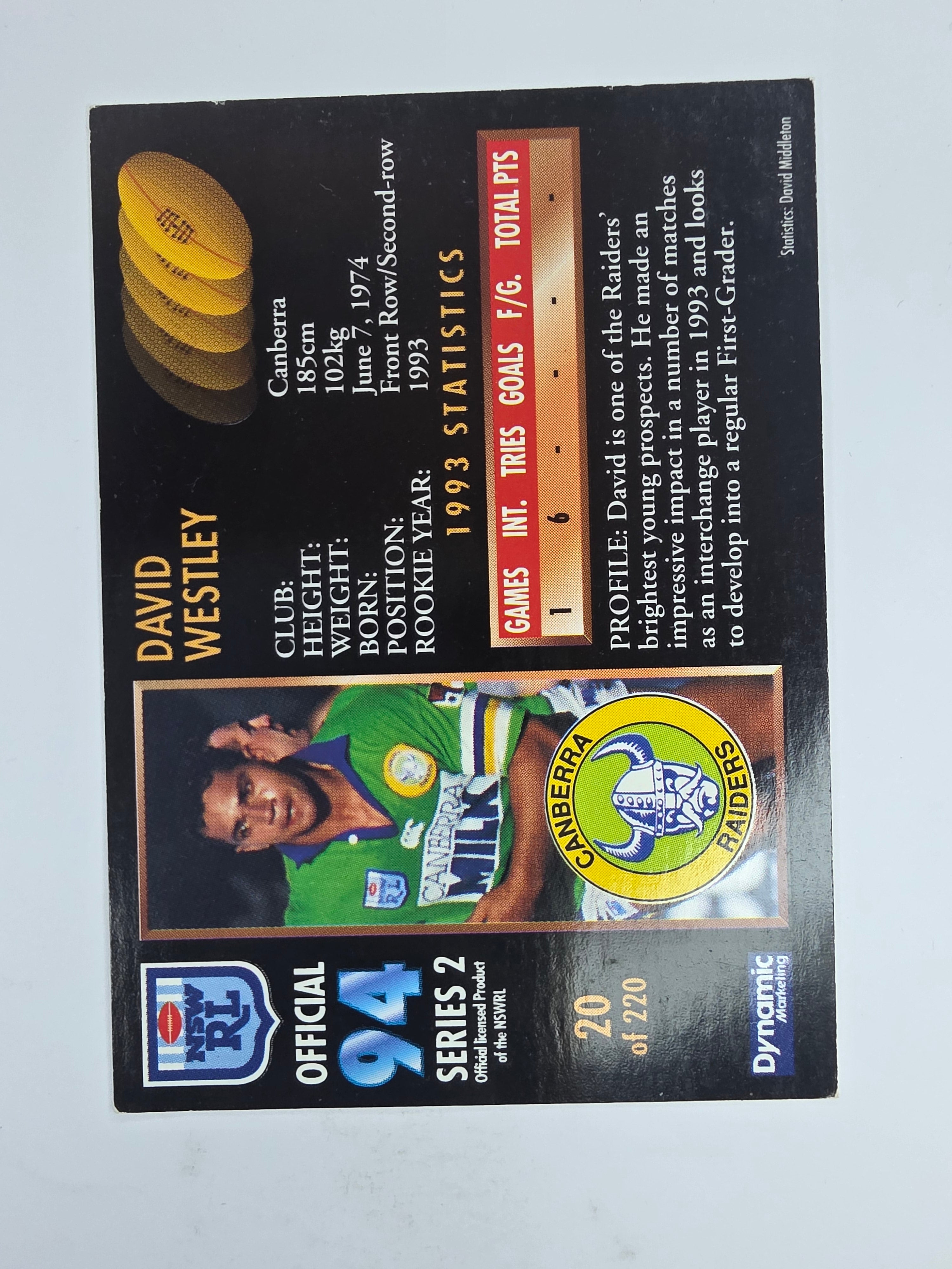 1994 Dynamic Series 2 Base Card #20 David Westley Canberra Raiders