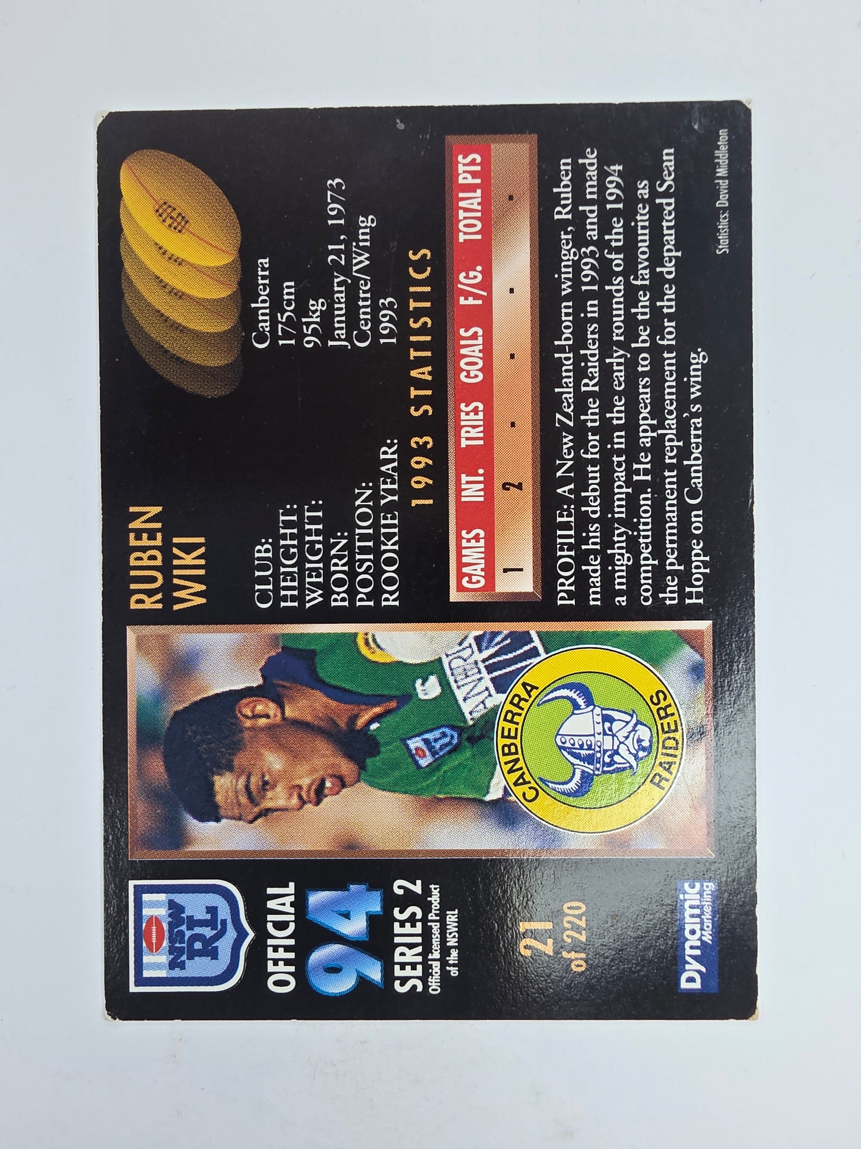 1994 Dynamic Series 2 Base Card #21 Ruben Wiki Canberra Raiders