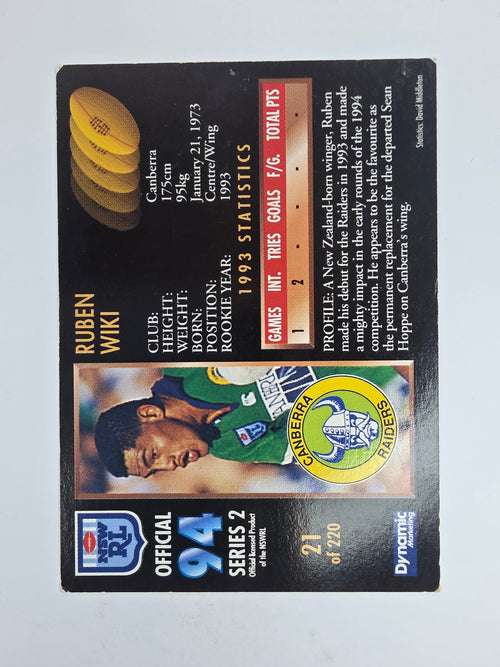 1994 Dynamic Series 2 Base Card #21 Ruben Wiki Canberra Raiders