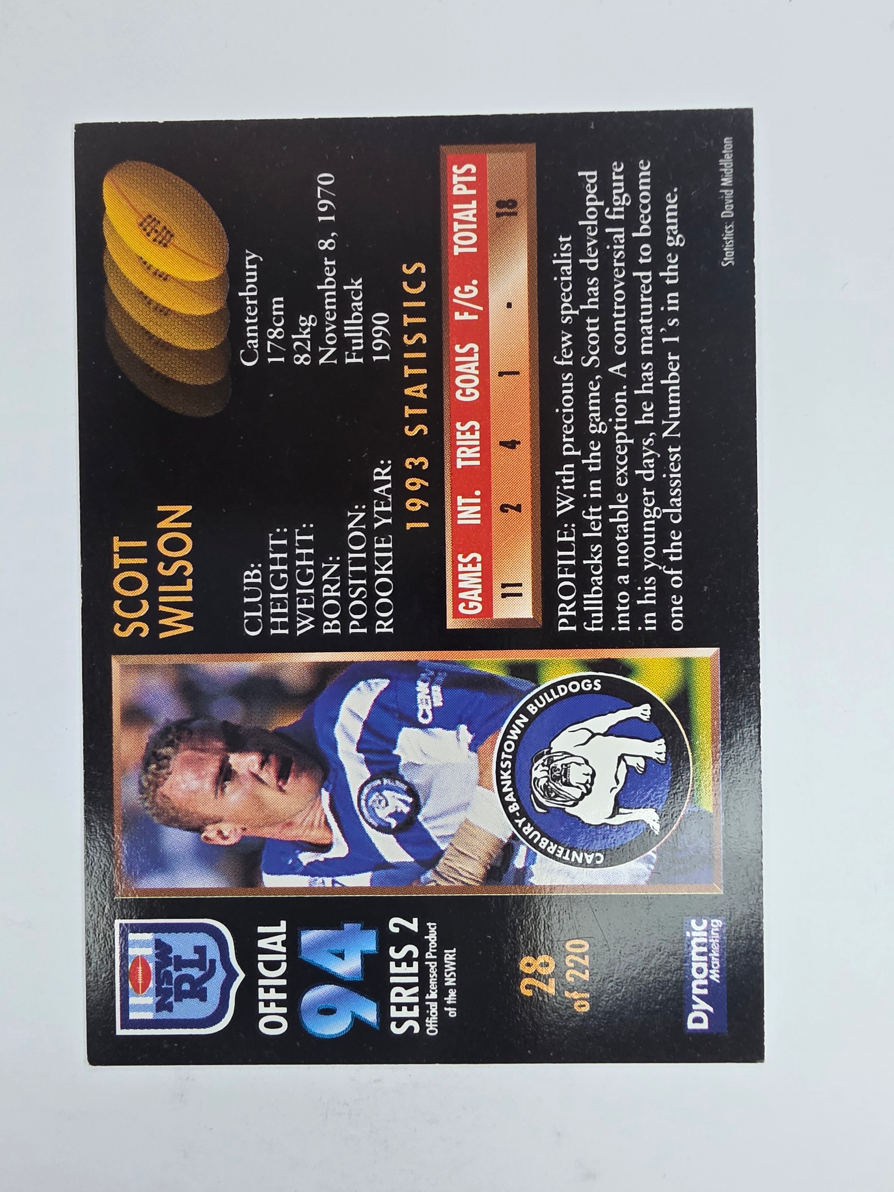 1994 Dynamic Series 2 Base Card #28 Scott Wilson Canterbury Bankstown Bulldogs