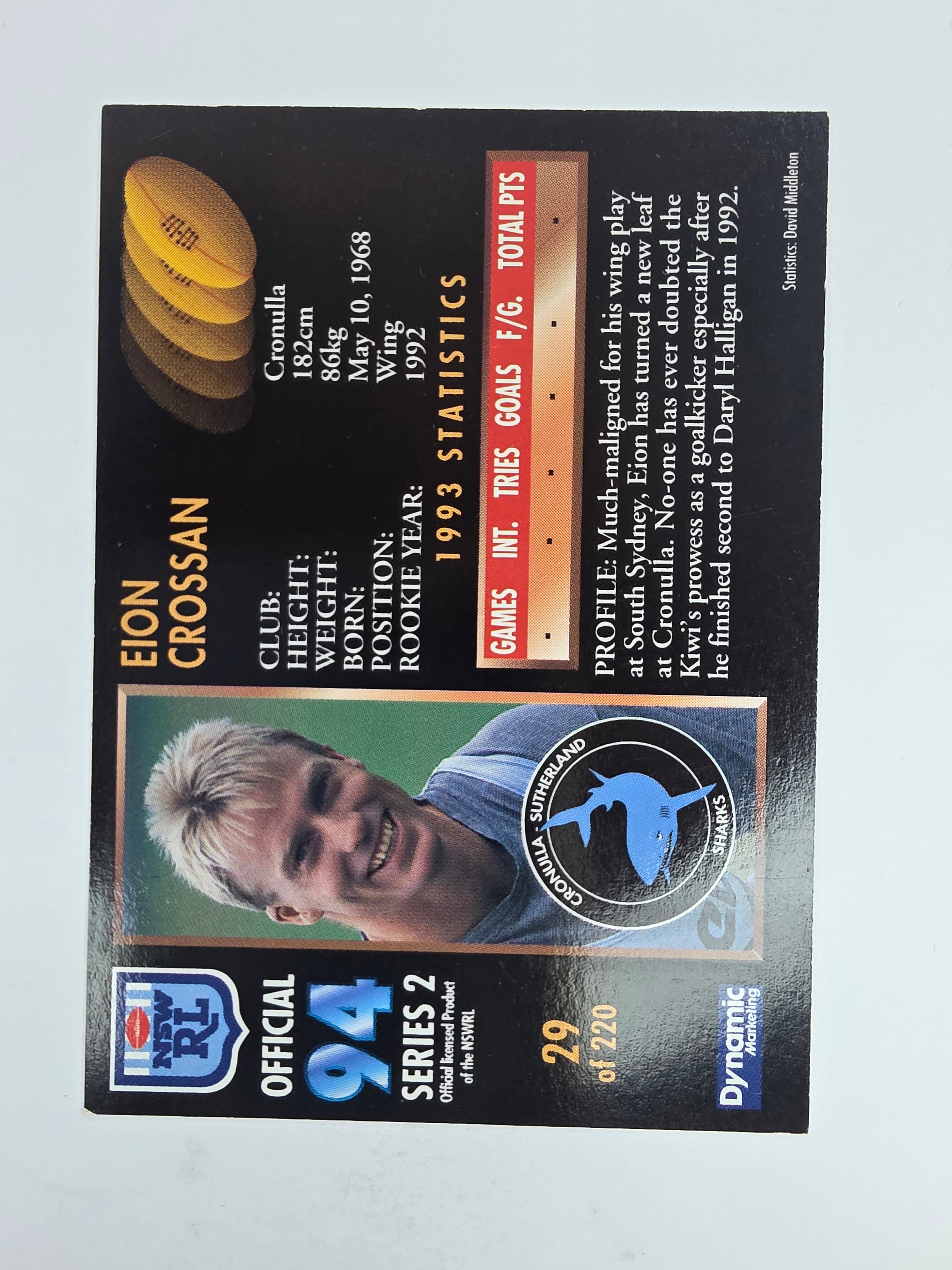 1994 Dynamic Series 2 Base Card #29 Eion Crossman Cronulla Sutherland Sharks