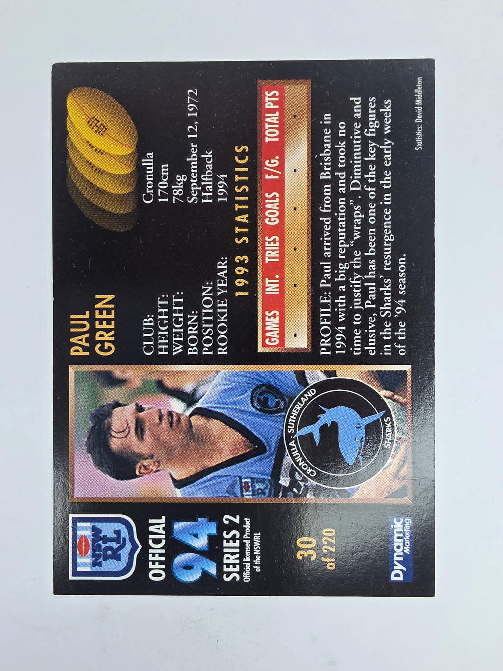 1994 Dynamic Series 2 Base Card #30 Paul Green Cronulla Sutherland Sharks