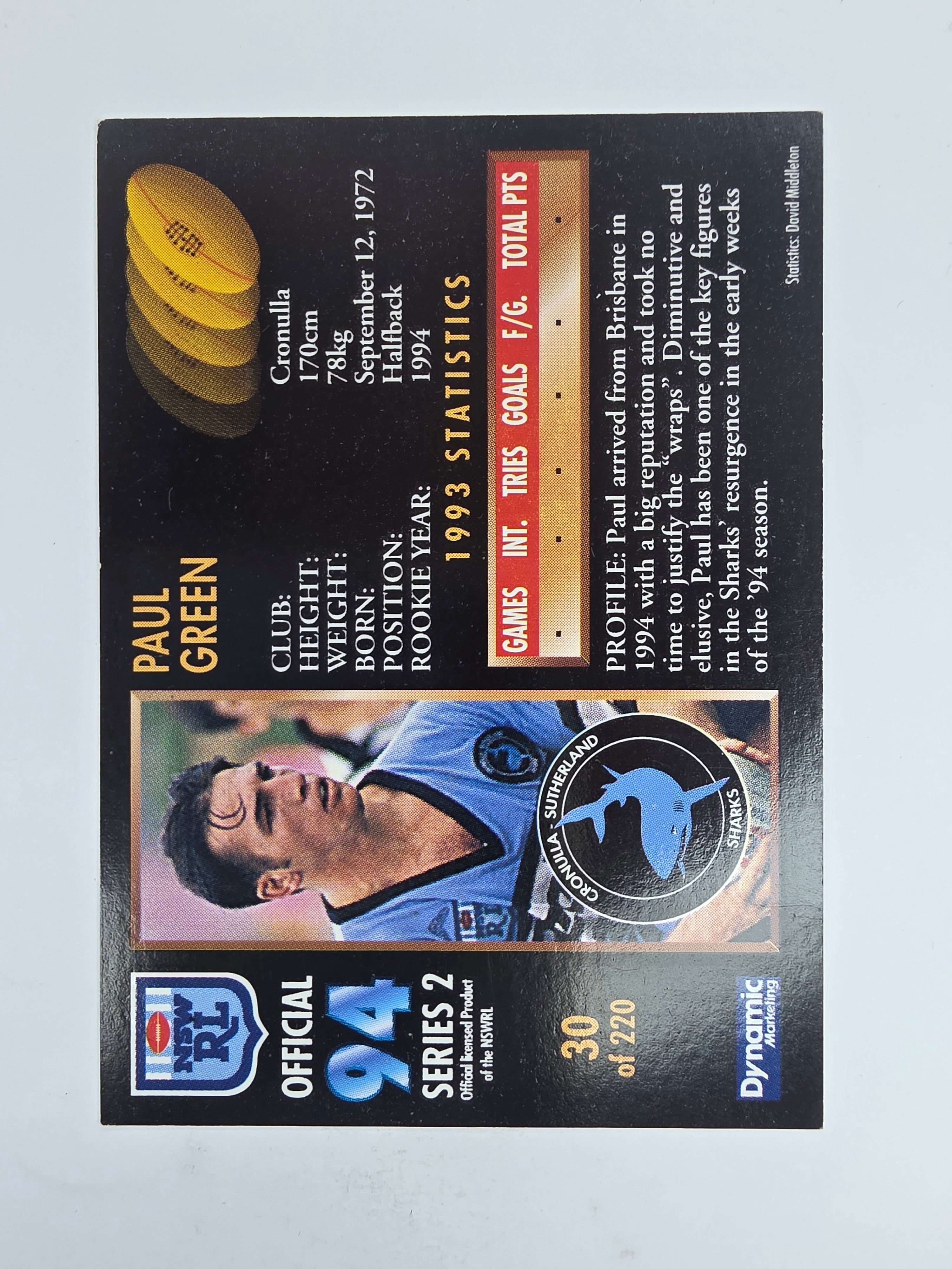 1994 Dynamic Series 2 Base Card #30 Paul Green Cronulla Sutherland Sharks
