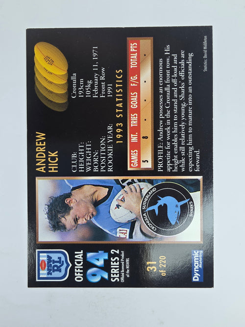 1994 Dynamic Series 2 Base Card #31 Andrew Hick Cronulla Sutherland Sharks