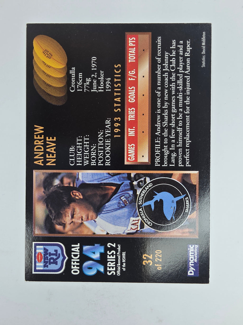 1994 Dynamic Series 2 Base Card #32 Andrew Neave Cronulla Sutherland Sharks