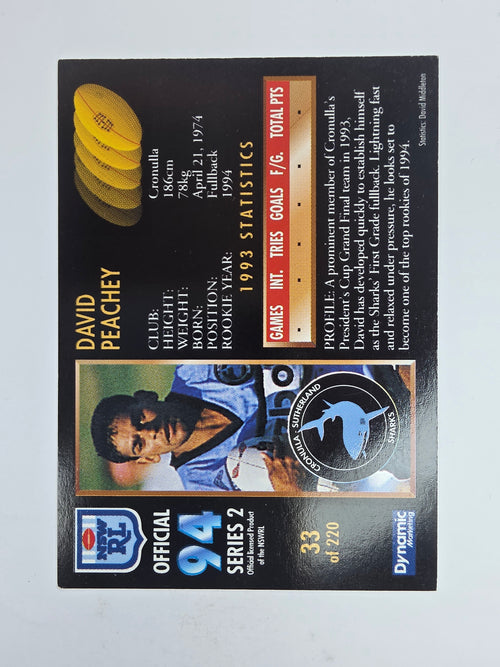 1994 Dynamic Series 2 Base Card #33 David Peachey Cronulla Sutherland Sharks