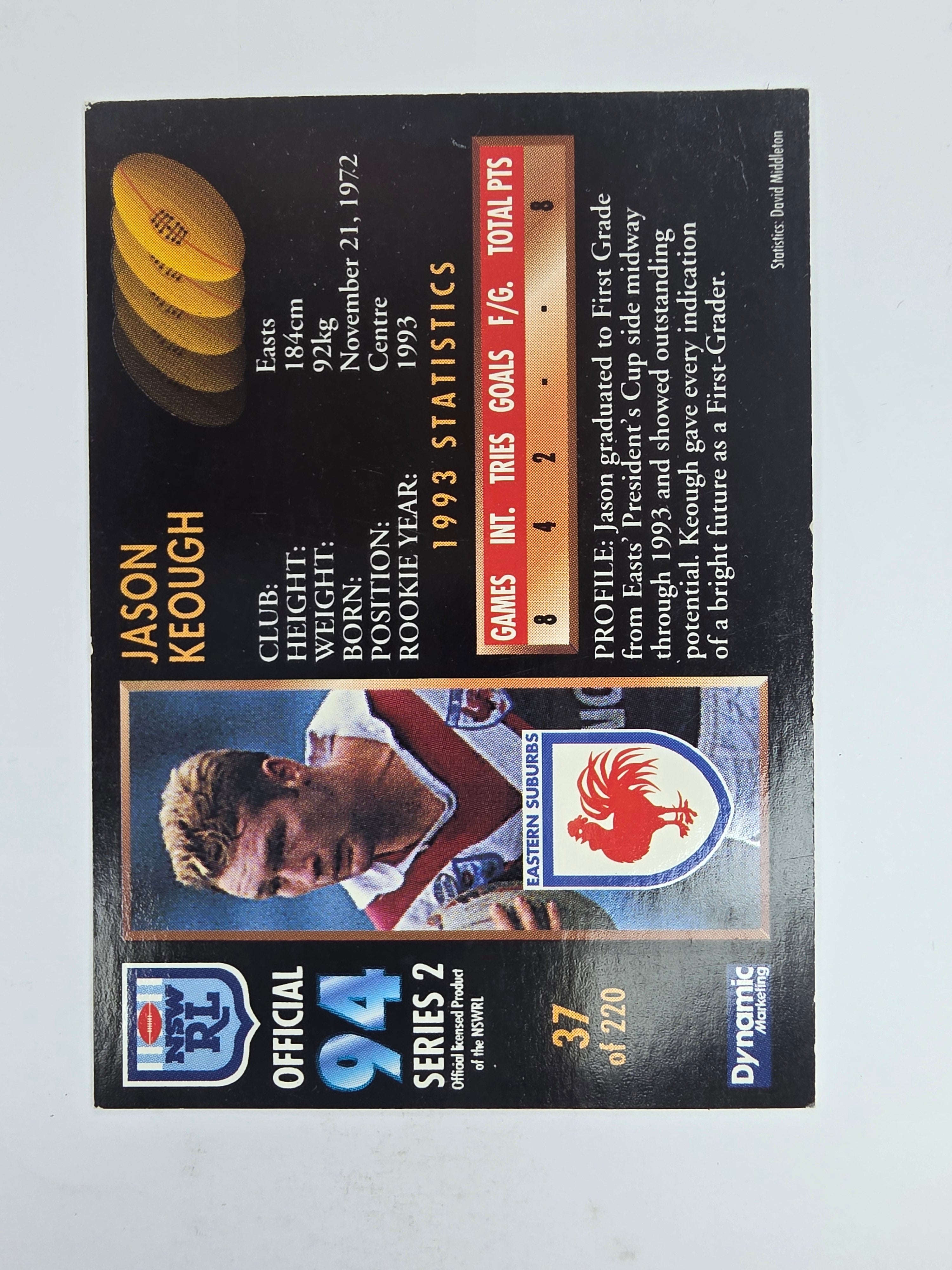 1994 Dynamic Series 2 Base Card #37 Jason Keough Eastern Suburbs Roosters