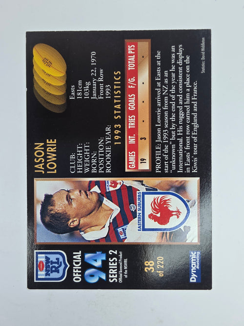 1994 Dynamic Series 2 Base Card #38 Jason Lowrie Eastern Suburbs Roosters