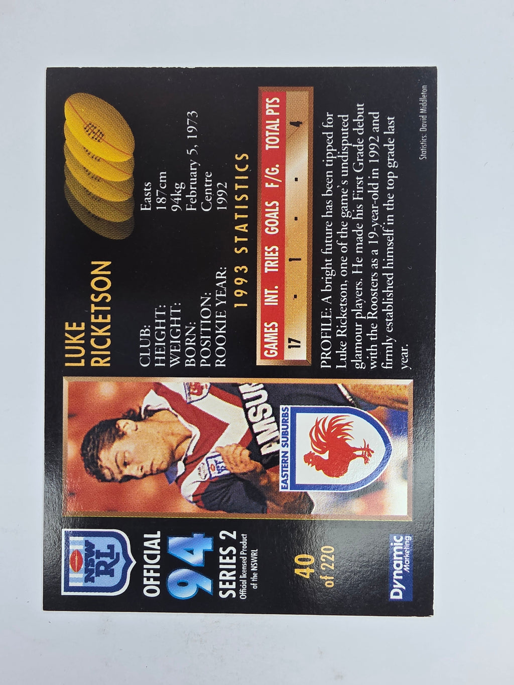 1994 Dynamic Series 2 Base Card #40 Luke Rickerson Eastern Suburbs Roosters