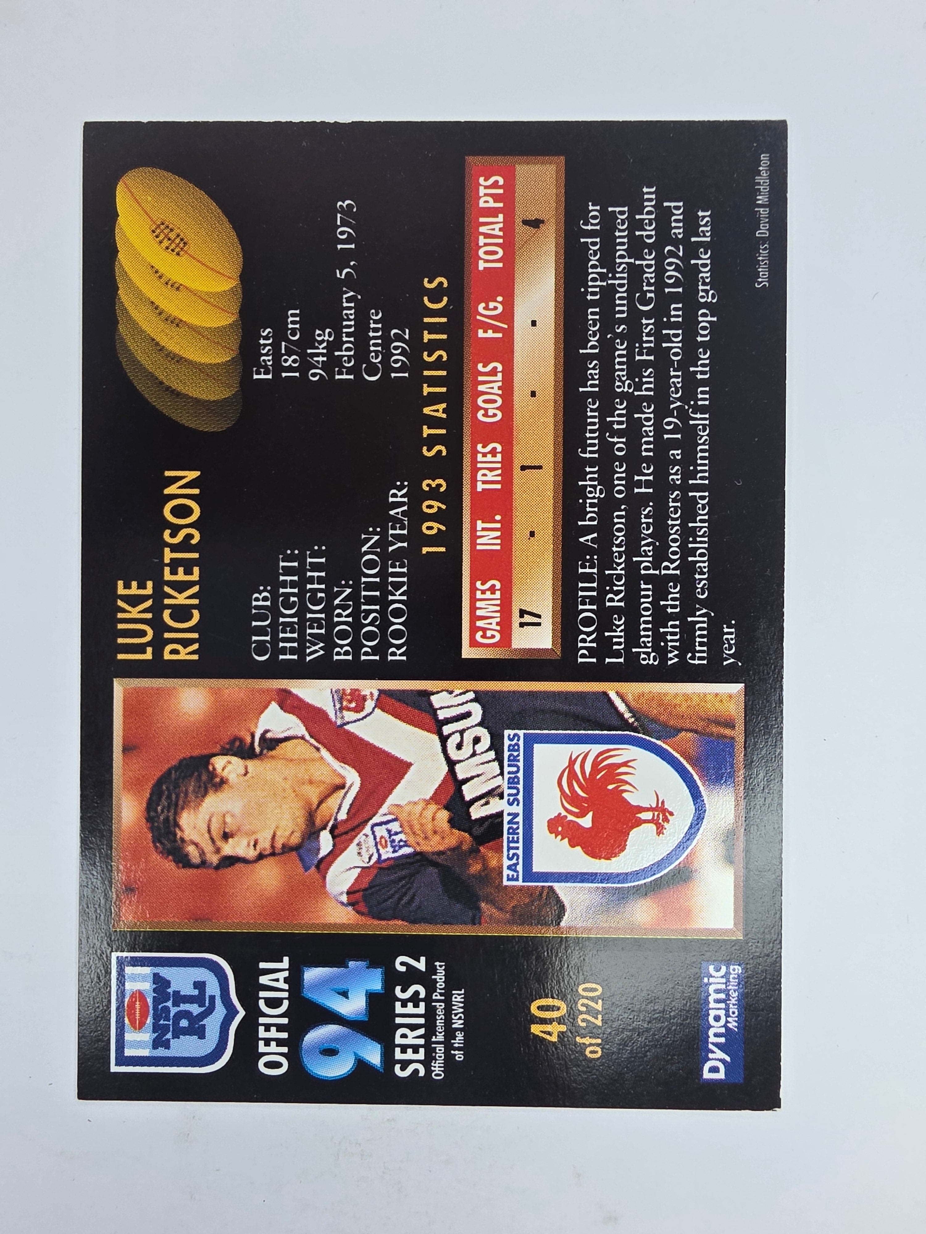 1994 Dynamic Series 2 Base Card #40 Luke Rickerson Eastern Suburbs Roosters
