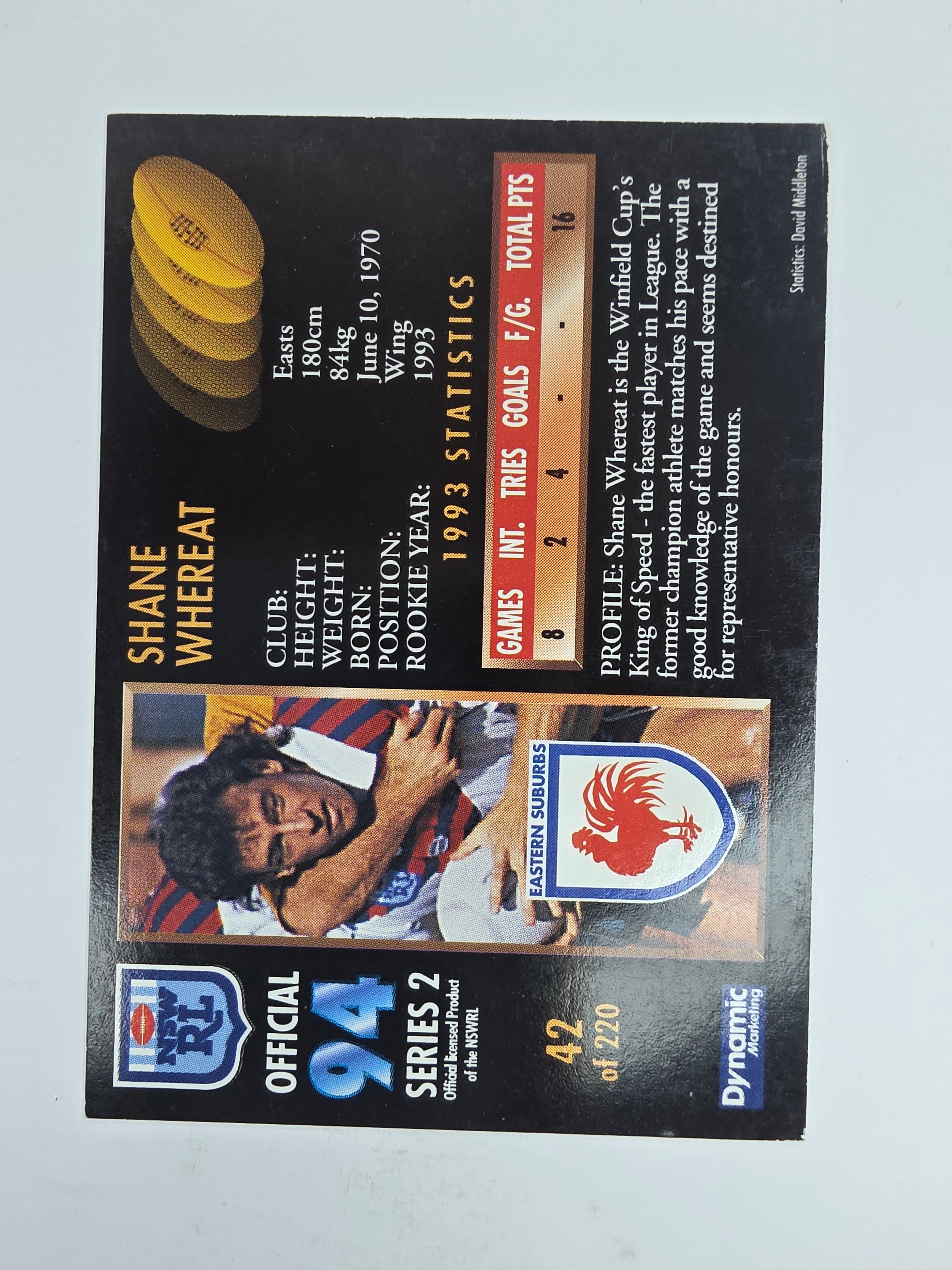 1994 Dynamic Series 2 Base Card #42 Shane Whereat Eastern Suburbs Roosters