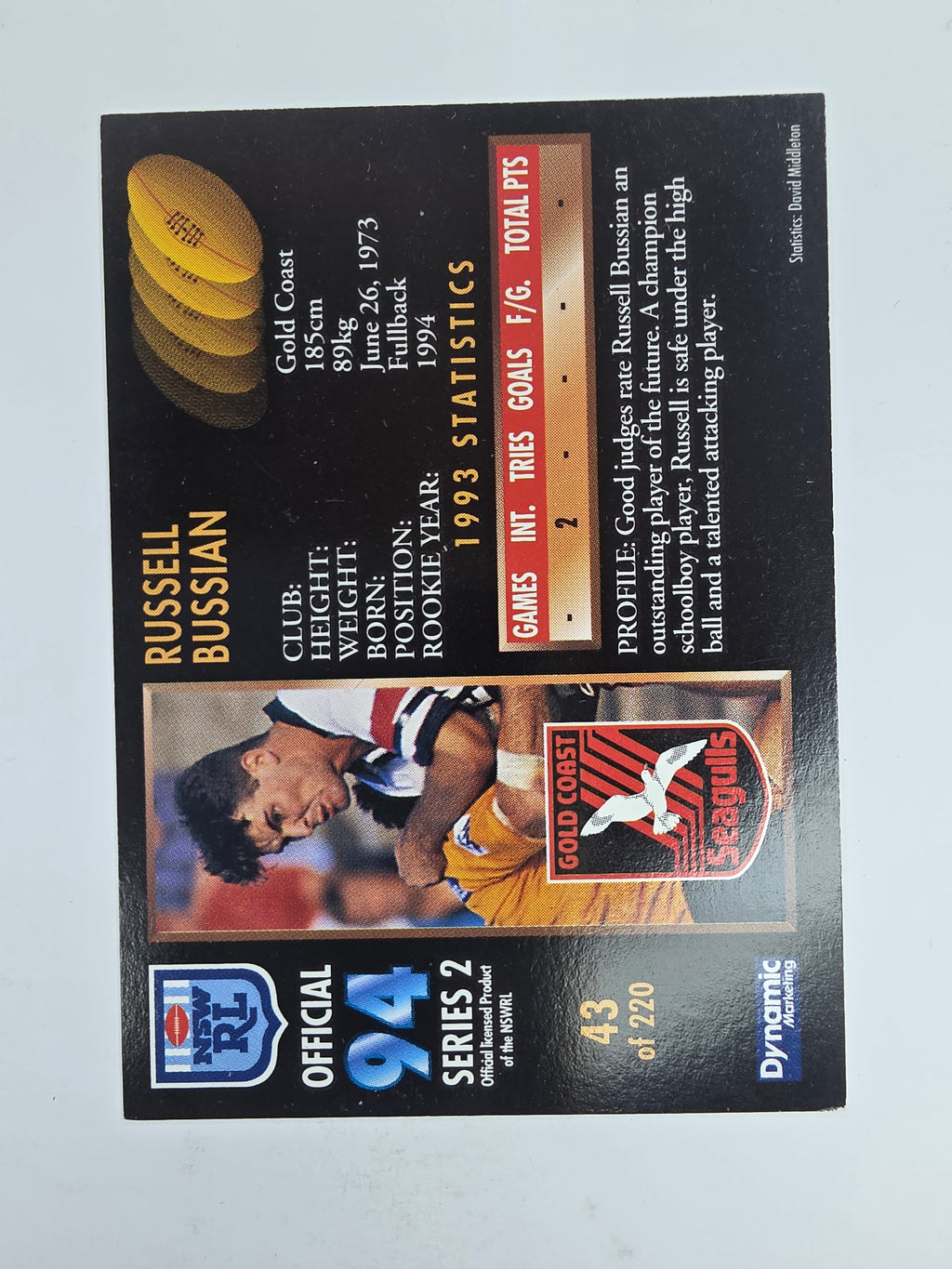 1994 Dynamic Series 2 Base Card #43 Russell Bussian Gold Coast Seagulls