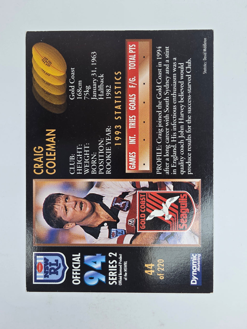 1994 Dynamic Series 2 Base Card #44 Craig Coleman Gold Coast Seagulls