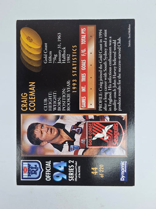 1994 Dynamic Series 2 Base Card #44 Craig Coleman Gold Coast Seagulls