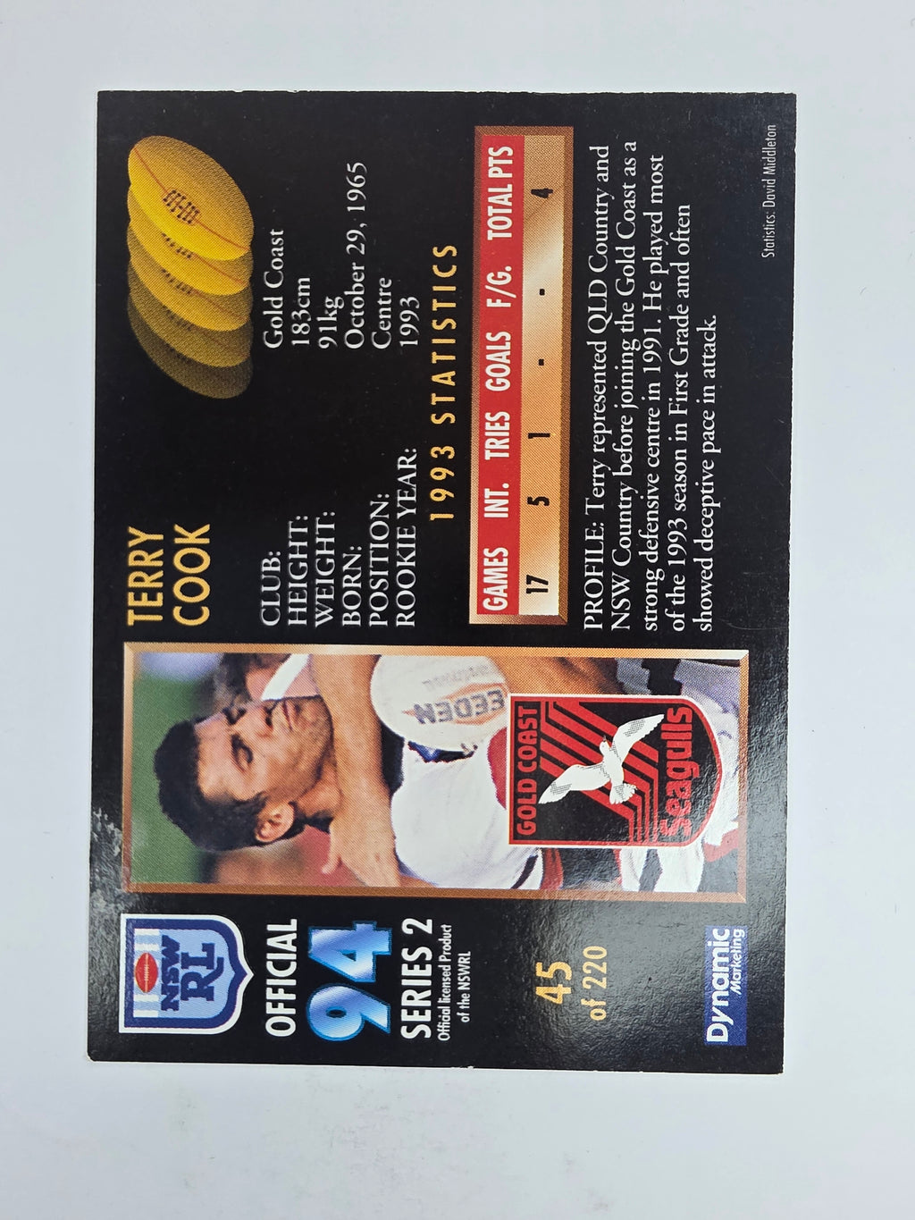 1994 Dynamic Series 2 Base Card #45 Terry Cook Gold Coast Seagulls