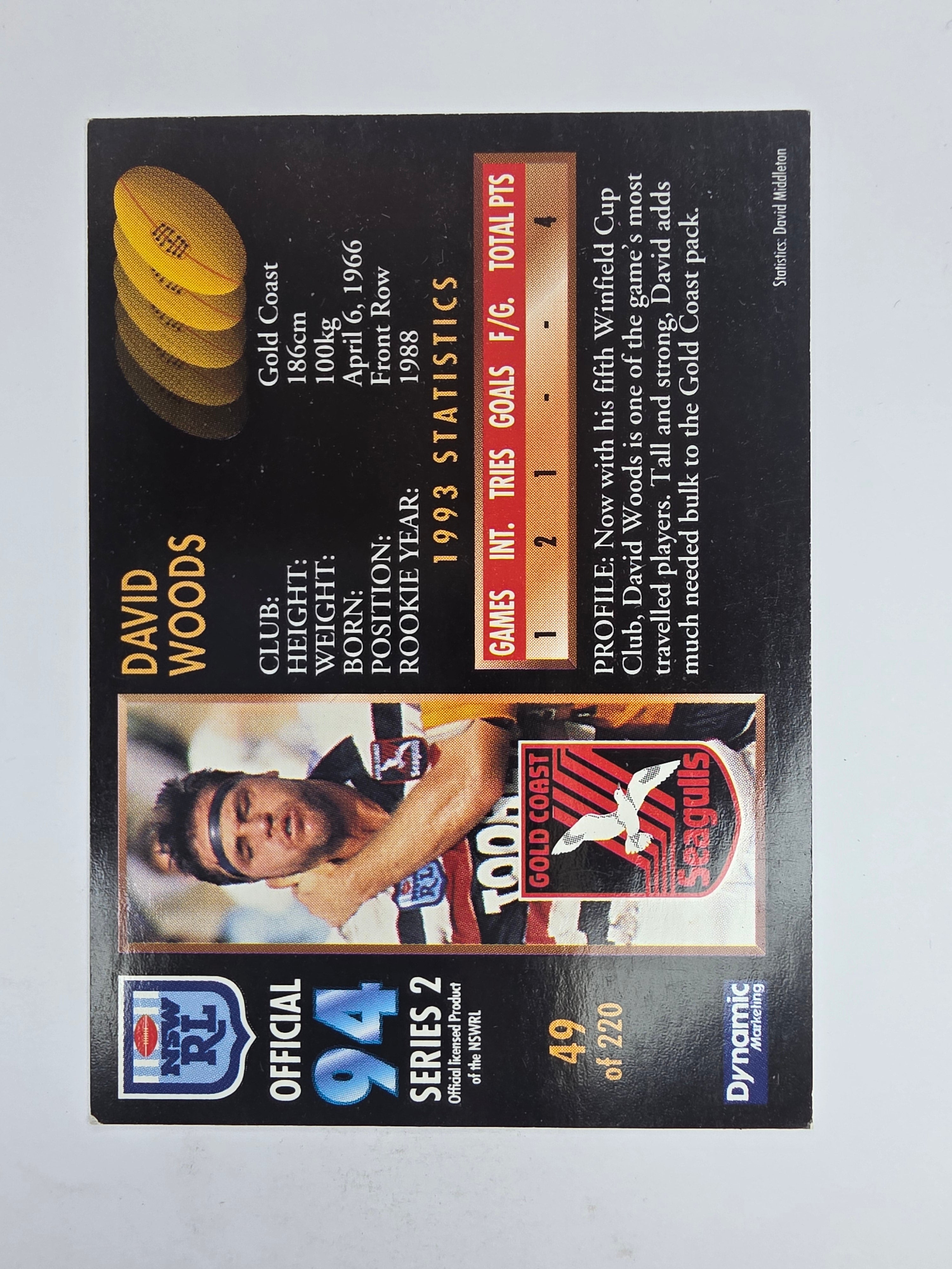 1994 Dynamic Series 2 Base Card #49 David Woods Gold Coast Seagulls
