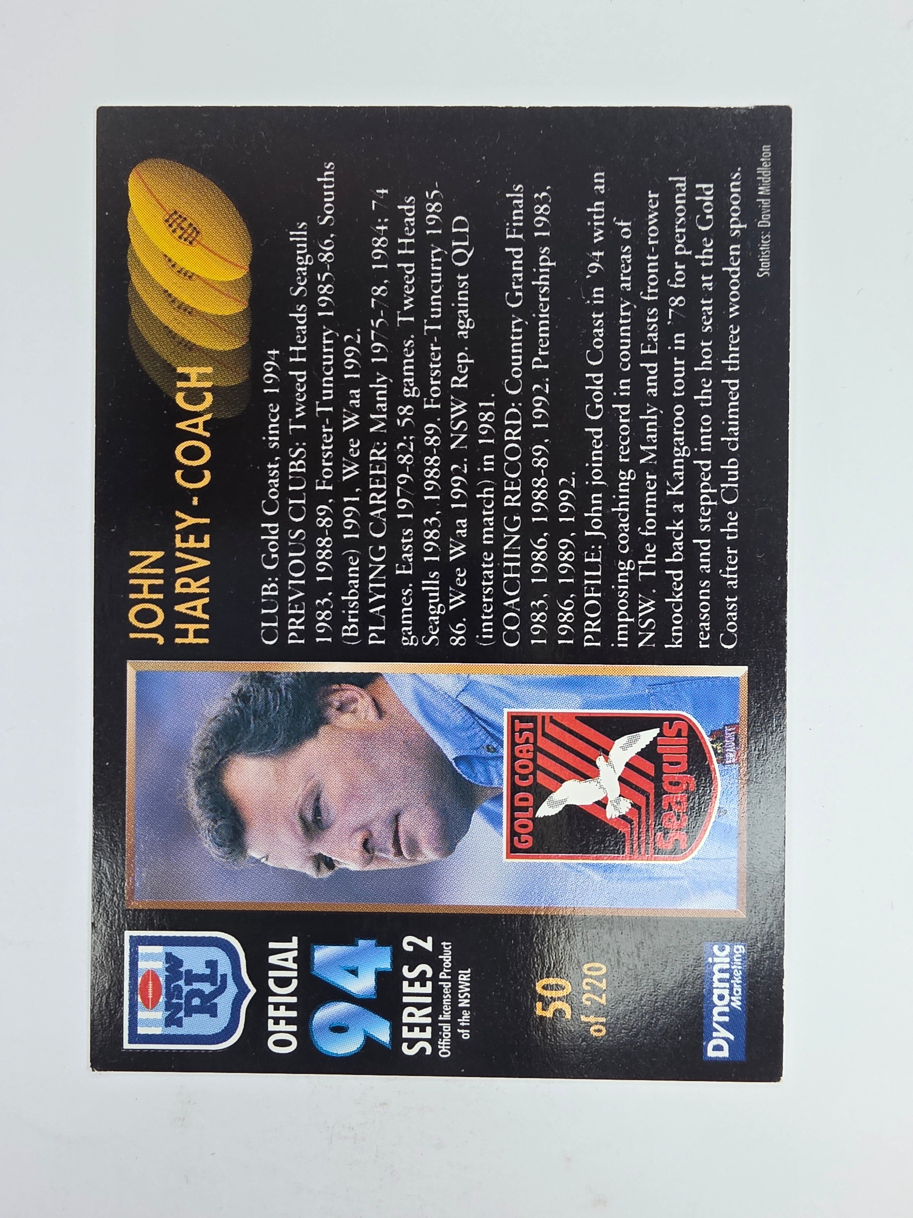1994 Dynamic Series 2 Base Card #50 John Harvey Gold Coast Seagulls