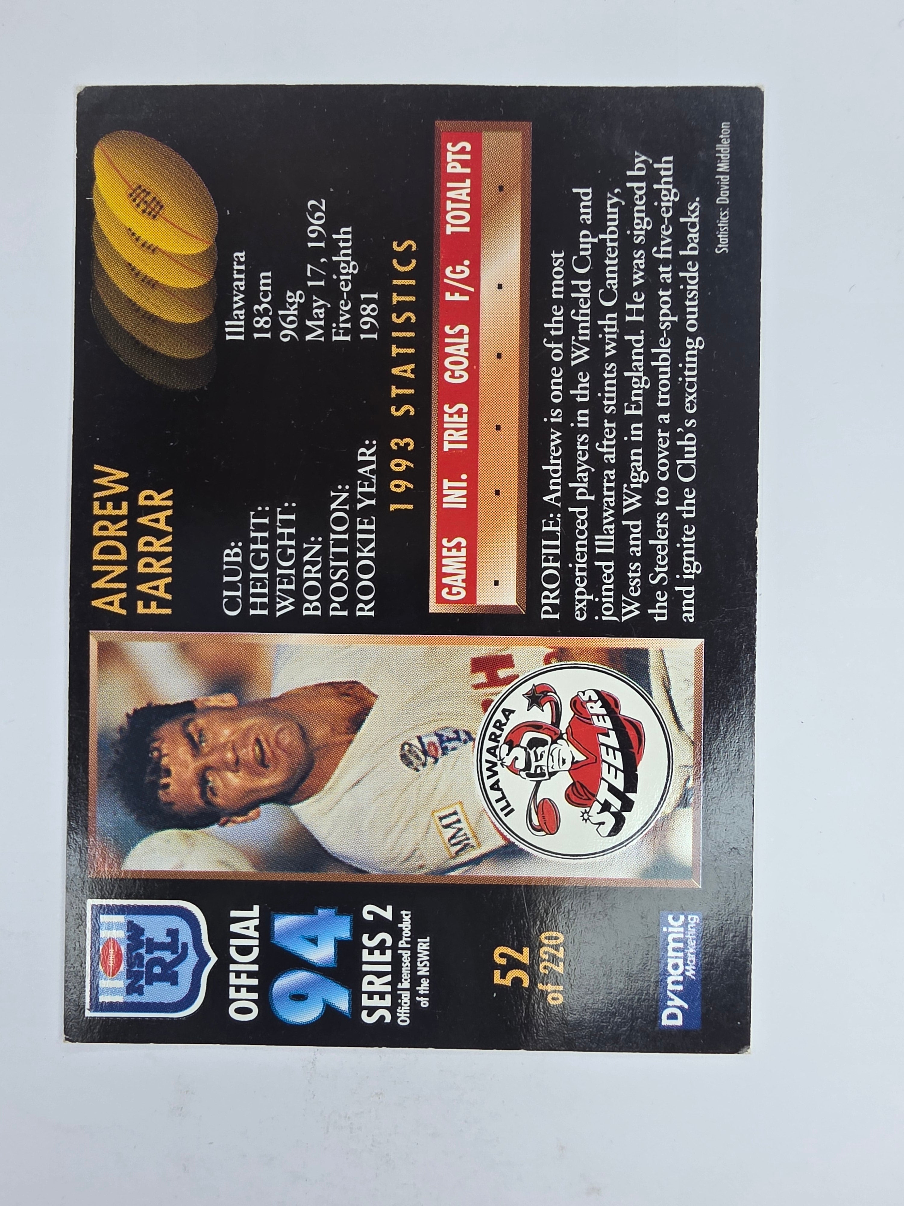 1994 Dynamic Series 2 Base Card #52 Andrew Farrar Illawarra Steelers