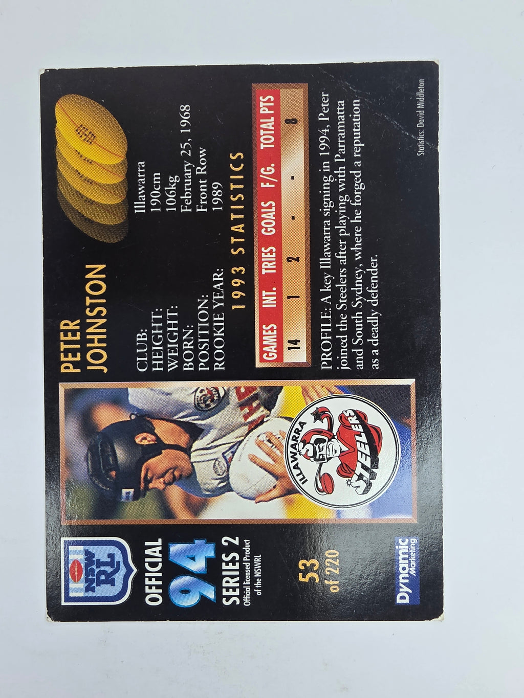 1994 Dynamic Series 2 Base Card #53 Peter Johnson Illawarra Steelers