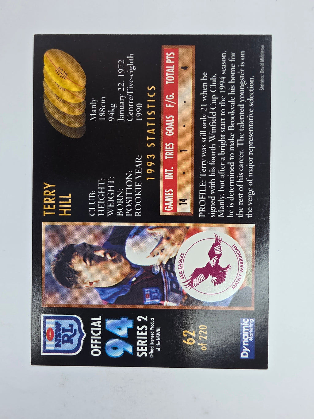 1994 Dynamic Series 2 Base Card #62 Terry Hill Manly Warringah Sea Eagles