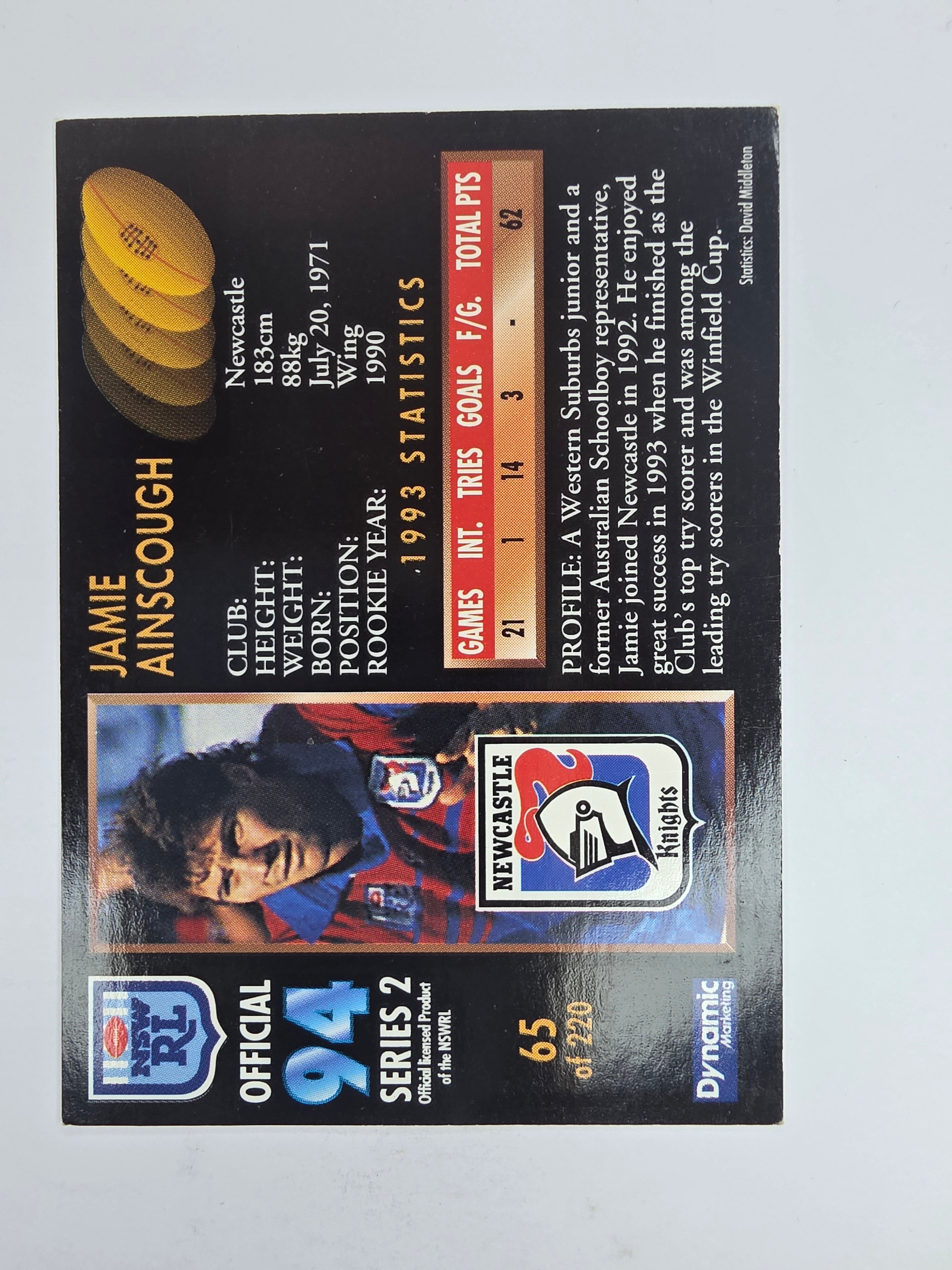 1994 Dynamic Series 2 Base Card #65 Jamie Ainscough Newcastle Knights