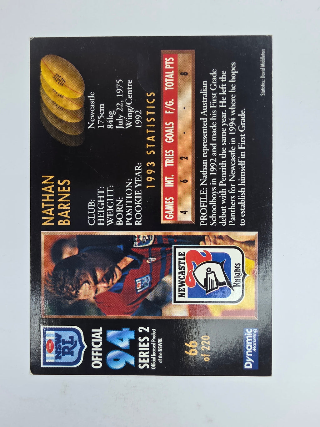 1994 Dynamic Series 2 Base Card #66 Nathan Barnes Newcastle Knights