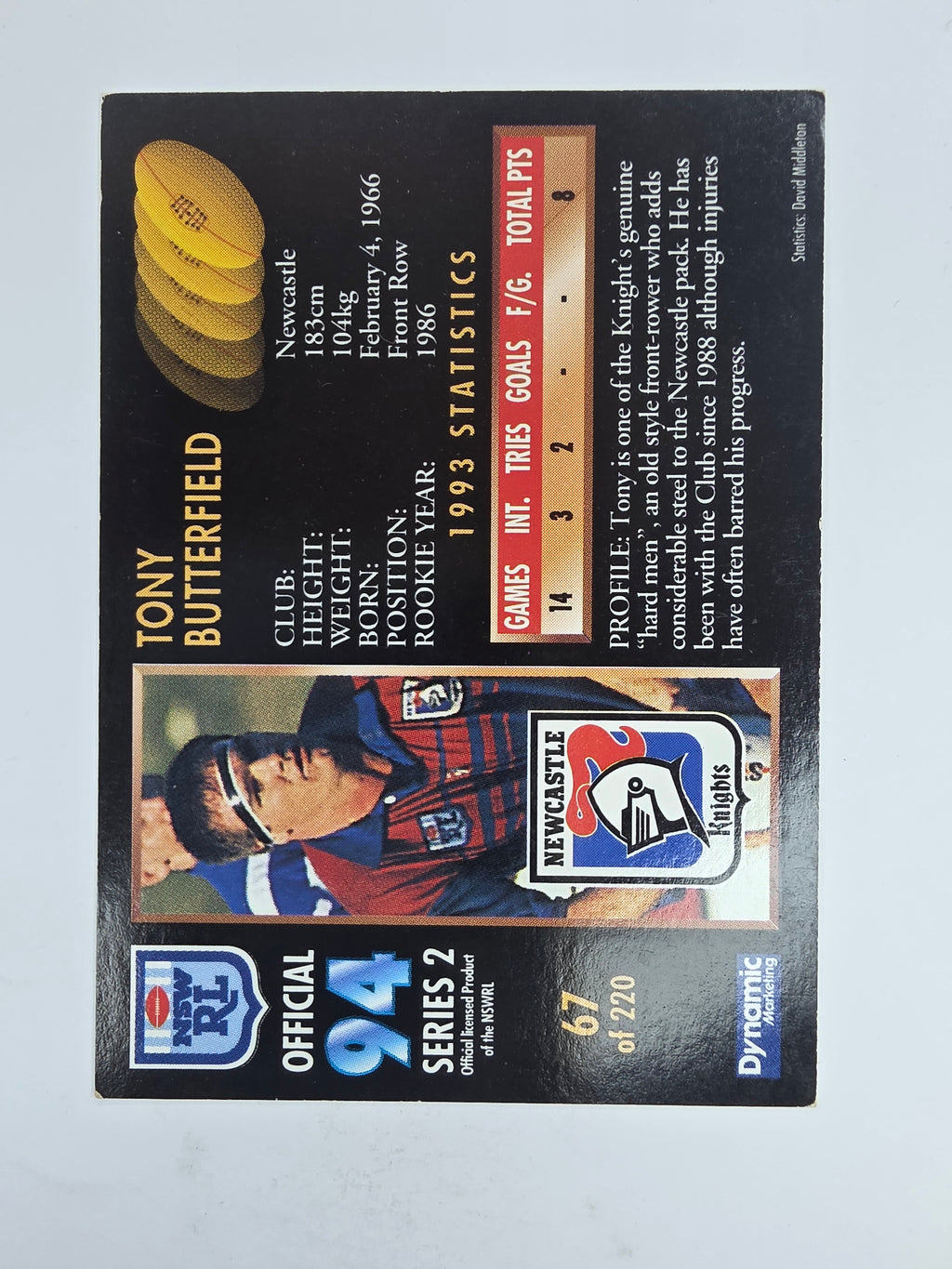 1994 Dynamic Series 2 Base Card #67 Tony Butterfield Newcastle Knights