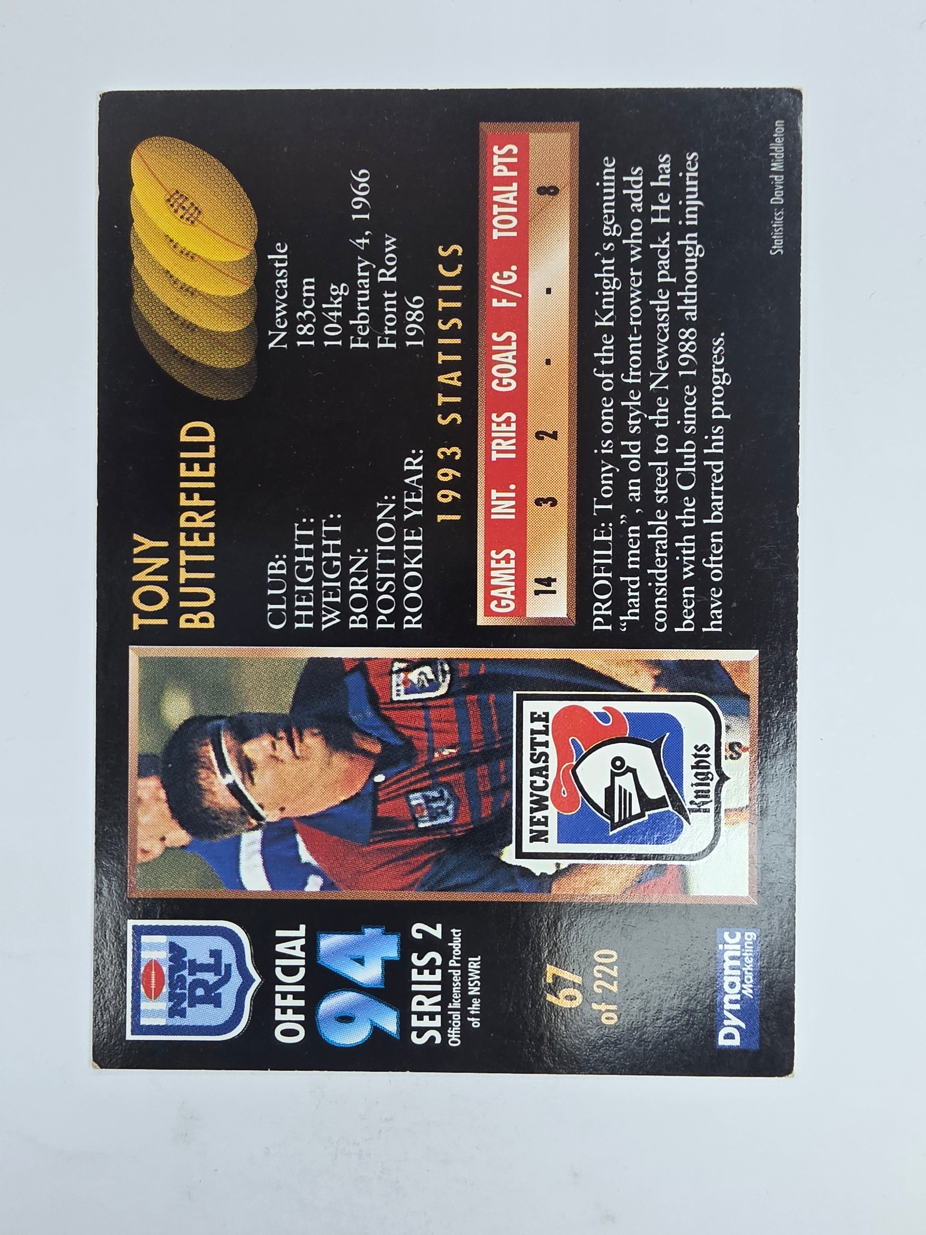 1994 Dynamic Series 2 Base Card #67 Tony Butterfield Newcastle Knights