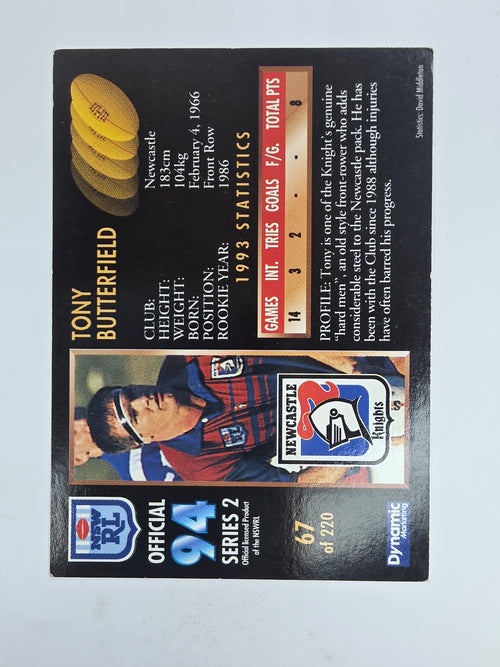 1994 Dynamic Series 2 Base Card #67 Tony Butterfield Newcastle Knights