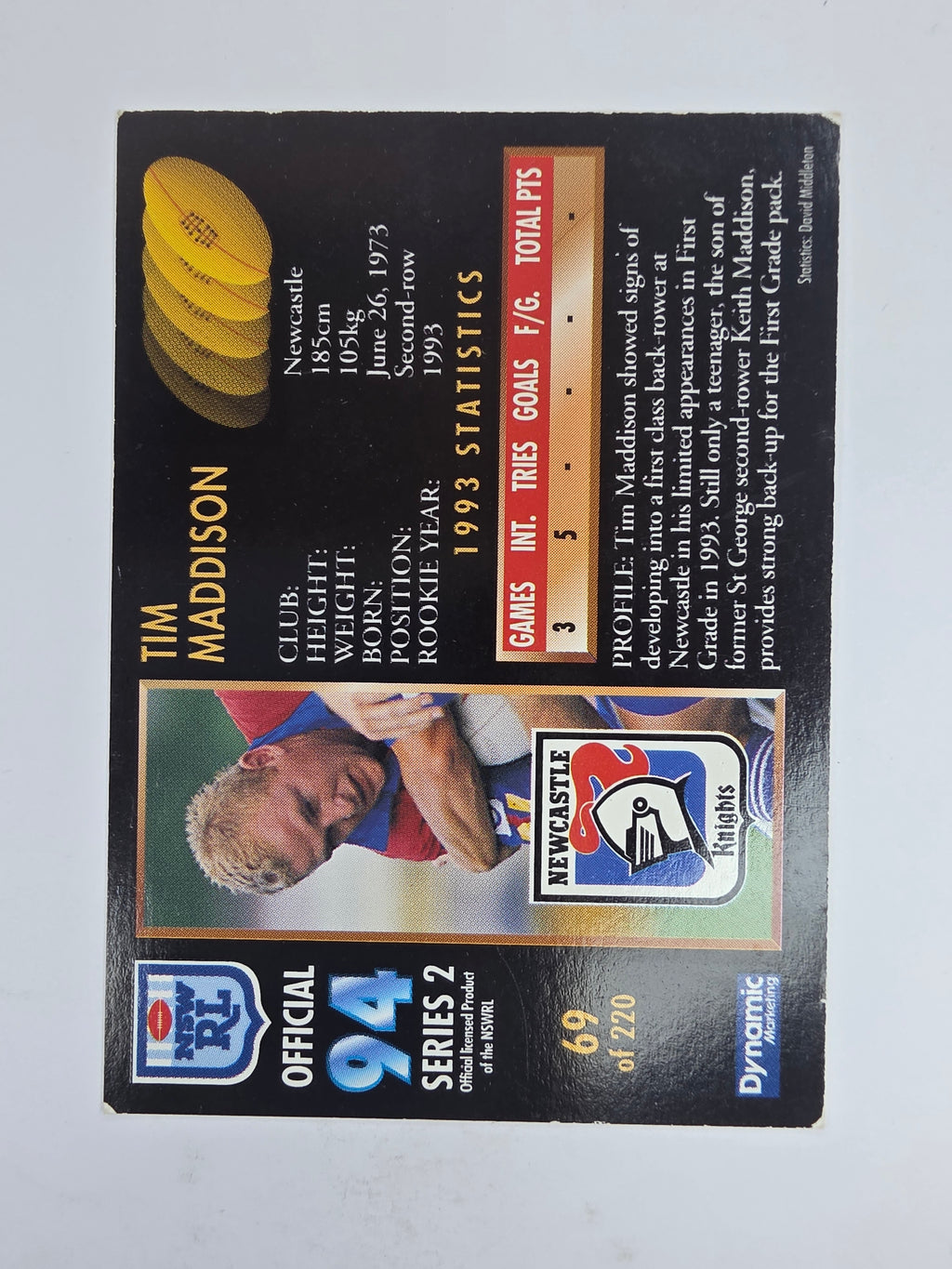 1994 Dynamic Series 2 Base Card #69 Tim Maddison Newcastle Knights
